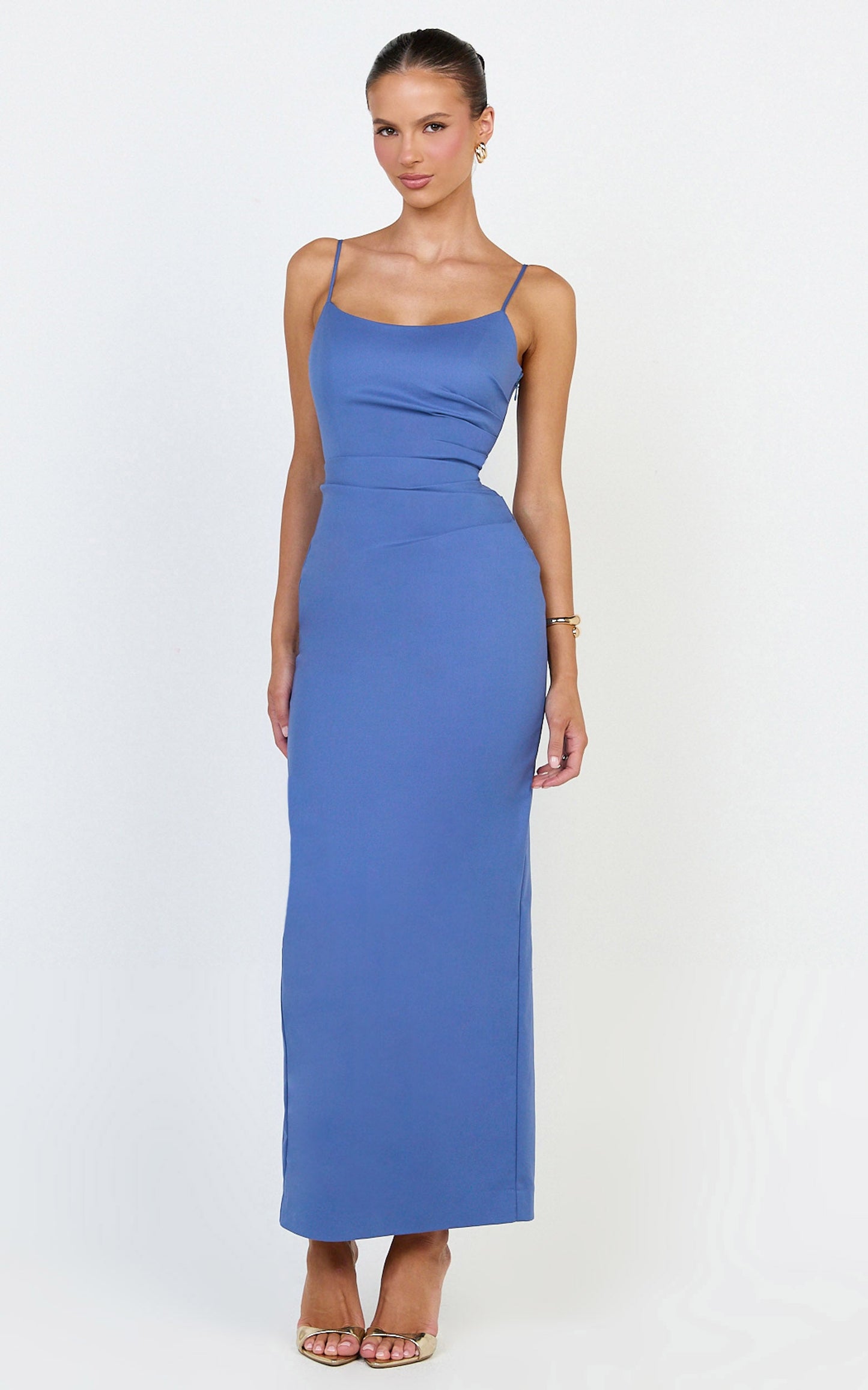 Liora Maxi Dress - Low Back Scoop Neck Pin Tucked Dress in Steel Blue