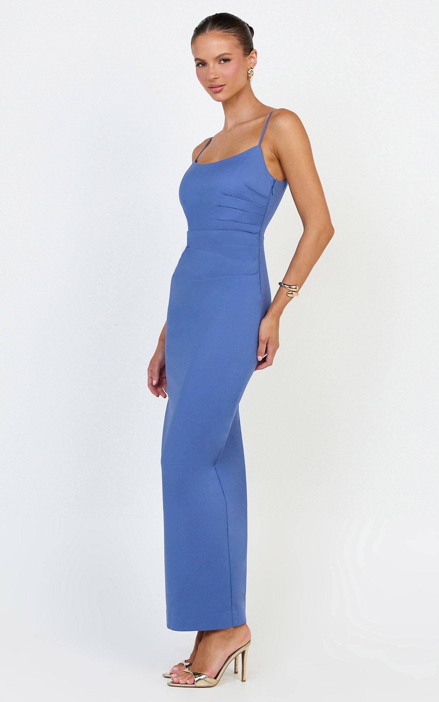 Liora Maxi Dress - Low Back Scoop Neck Pin Tucked Dress in Steel Blue