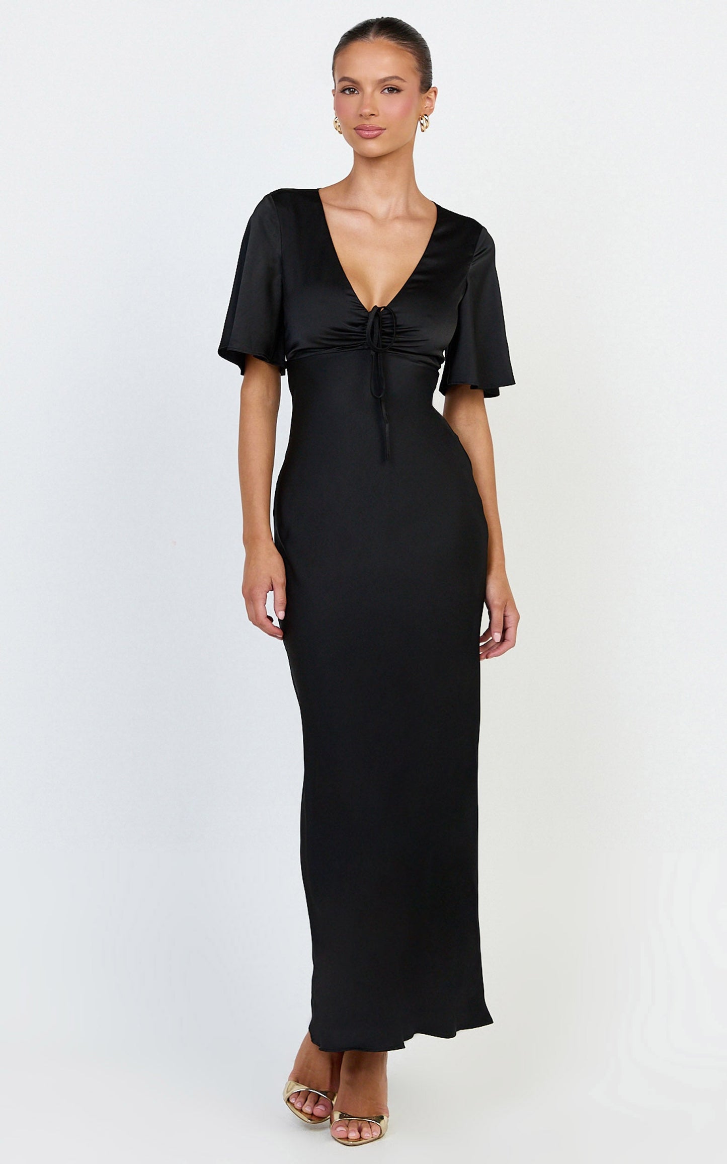 Amelie Maxi Dress - Ruched Front Angel Sleeve Satin Dress in Black
