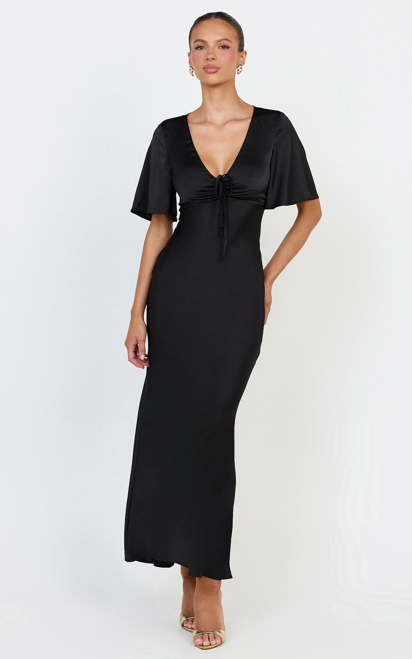 Amelie Maxi Dress - Ruched Front Angel Sleeve Satin Dress in Black
