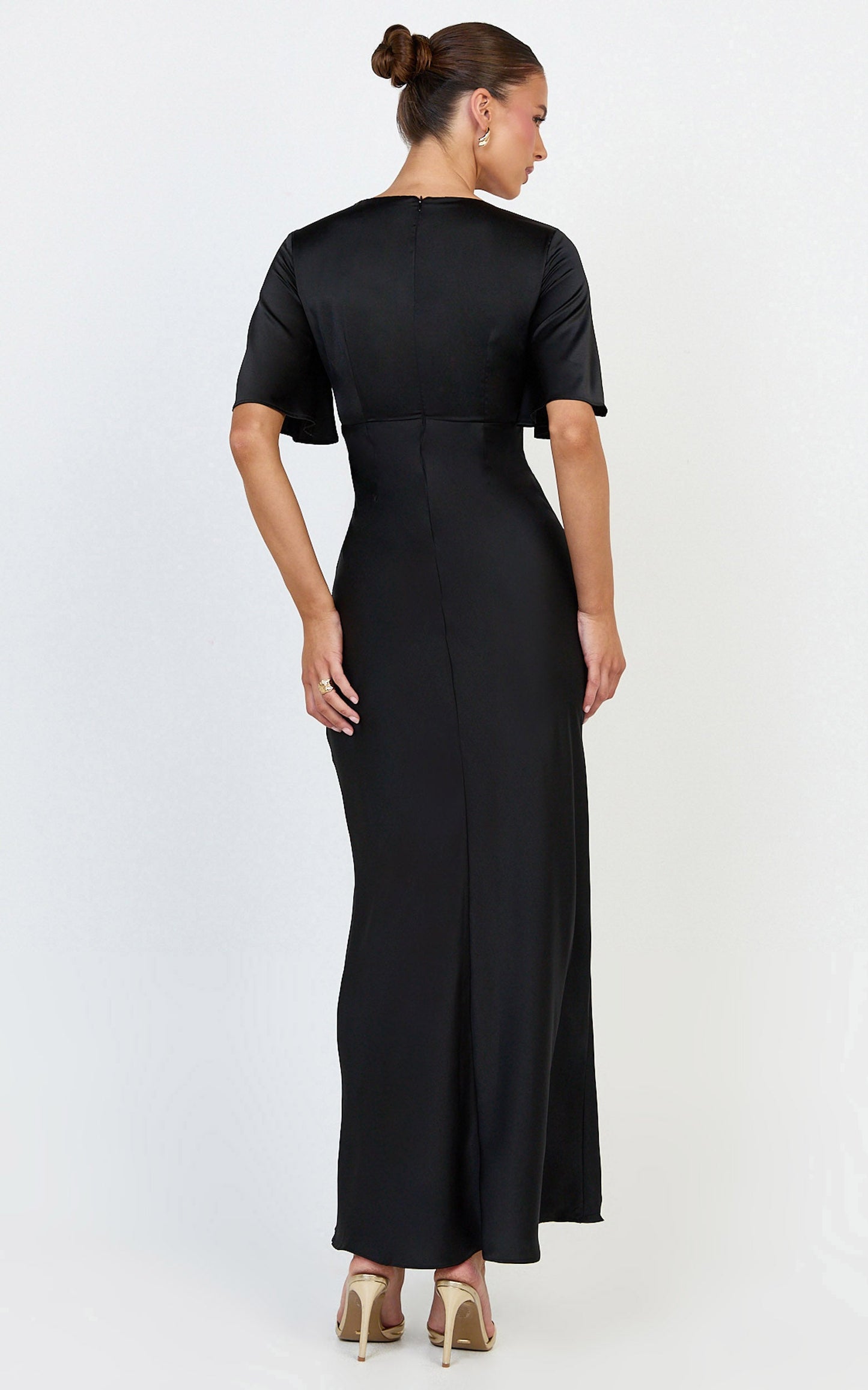 Amelie Maxi Dress - Ruched Front Angel Sleeve Satin Dress in Black
