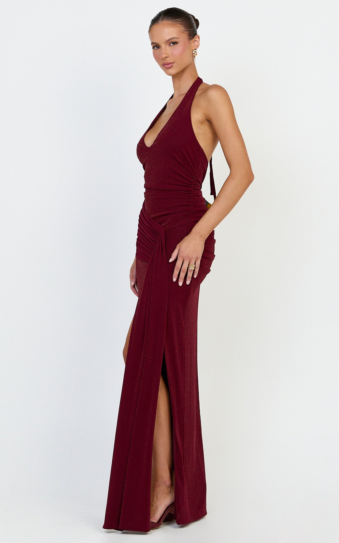 Coraline Maxi Dress - Plunge Neckline Lurex Mesh Halter Dress in Wine