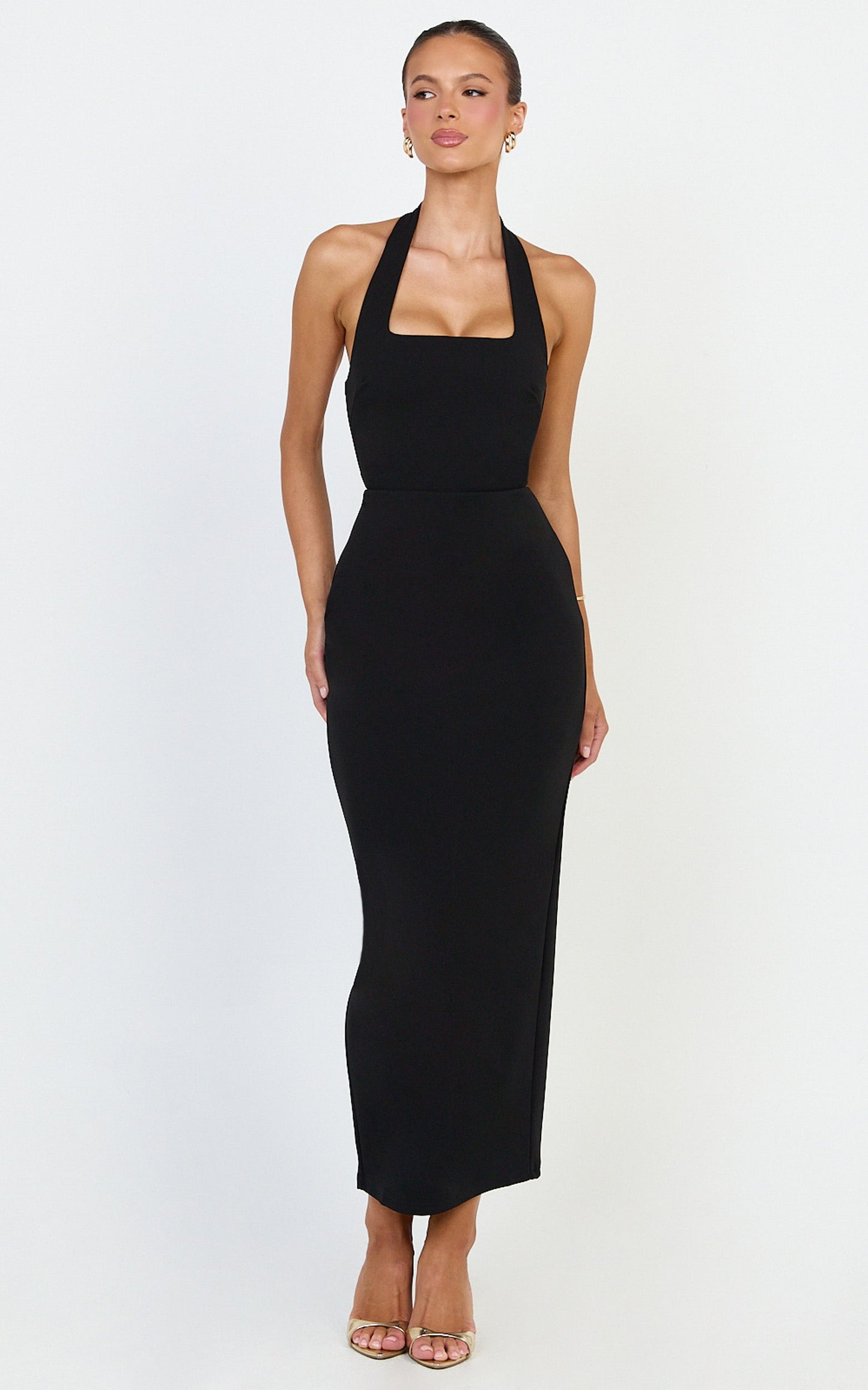 Holly Midi Dress - Halter Neck Column Dress in Black