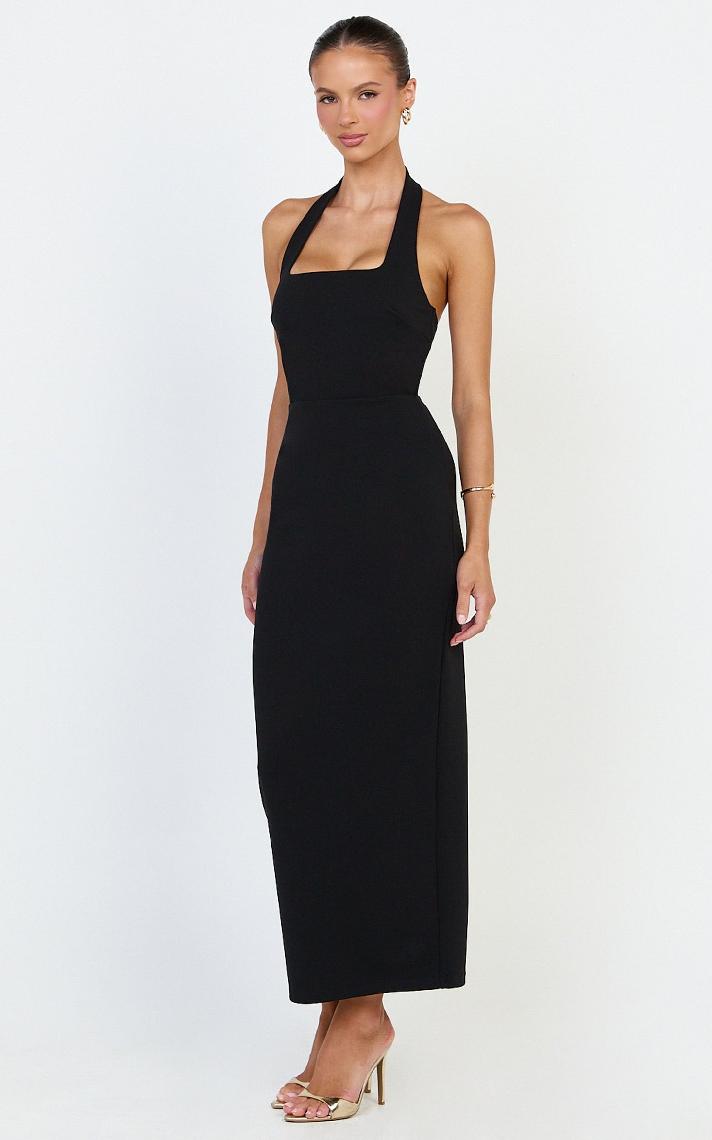 Holly Midi Dress - Halter Neck Column Dress in Black