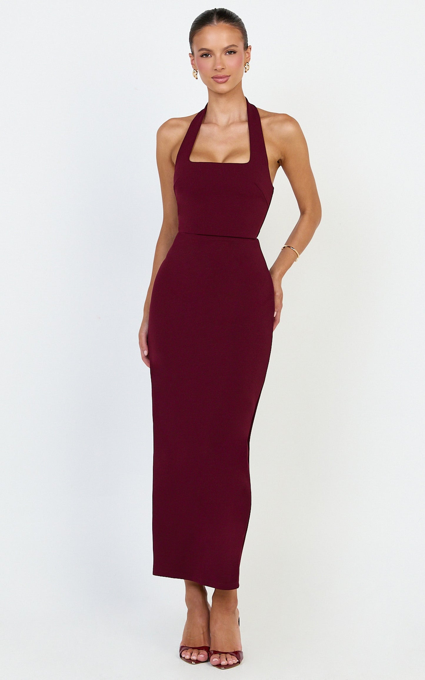 Holly Midi Dress - Halter Neck Column Dress in Wine