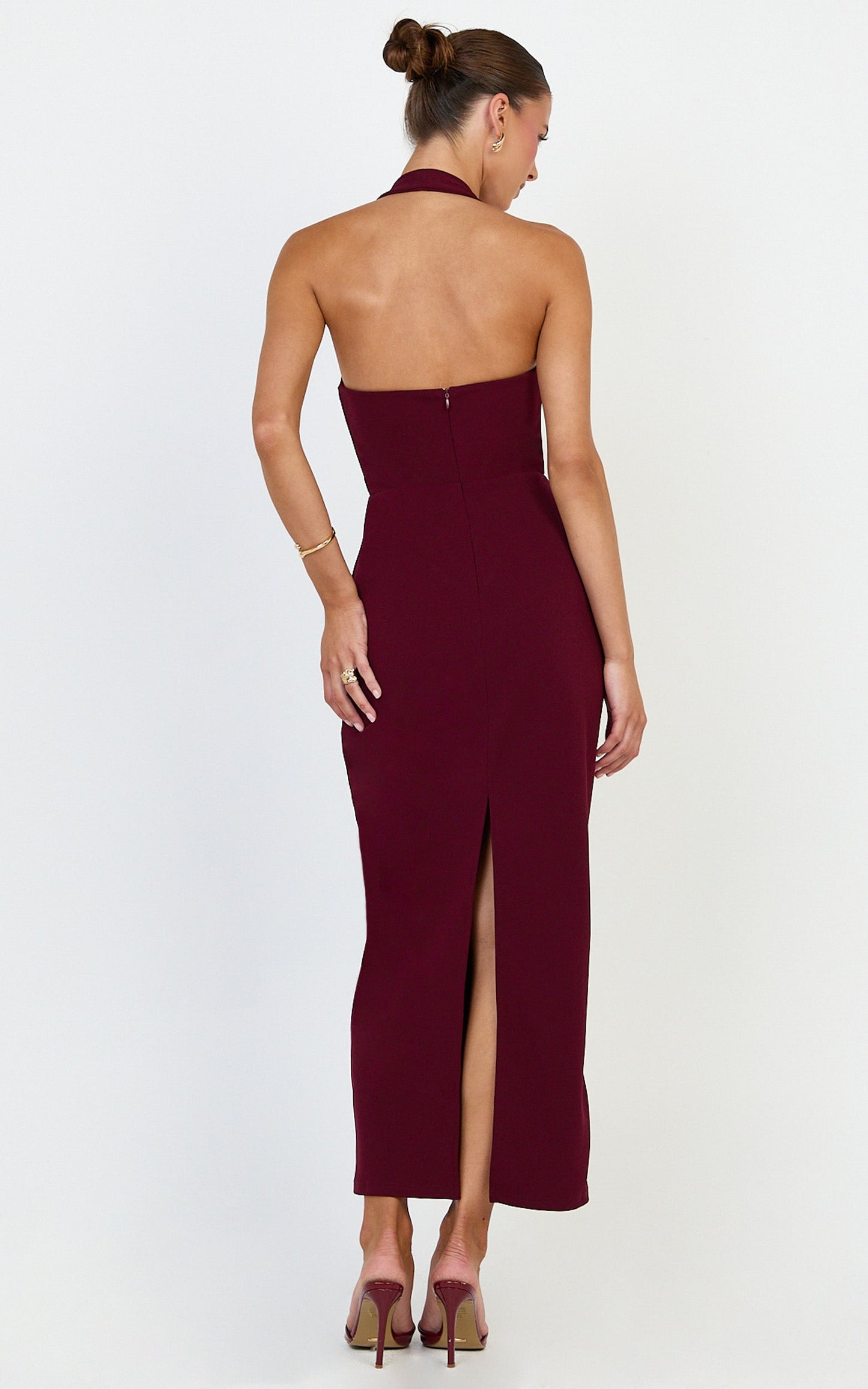 Holly Midi Dress - Halter Neck Column Dress in Wine