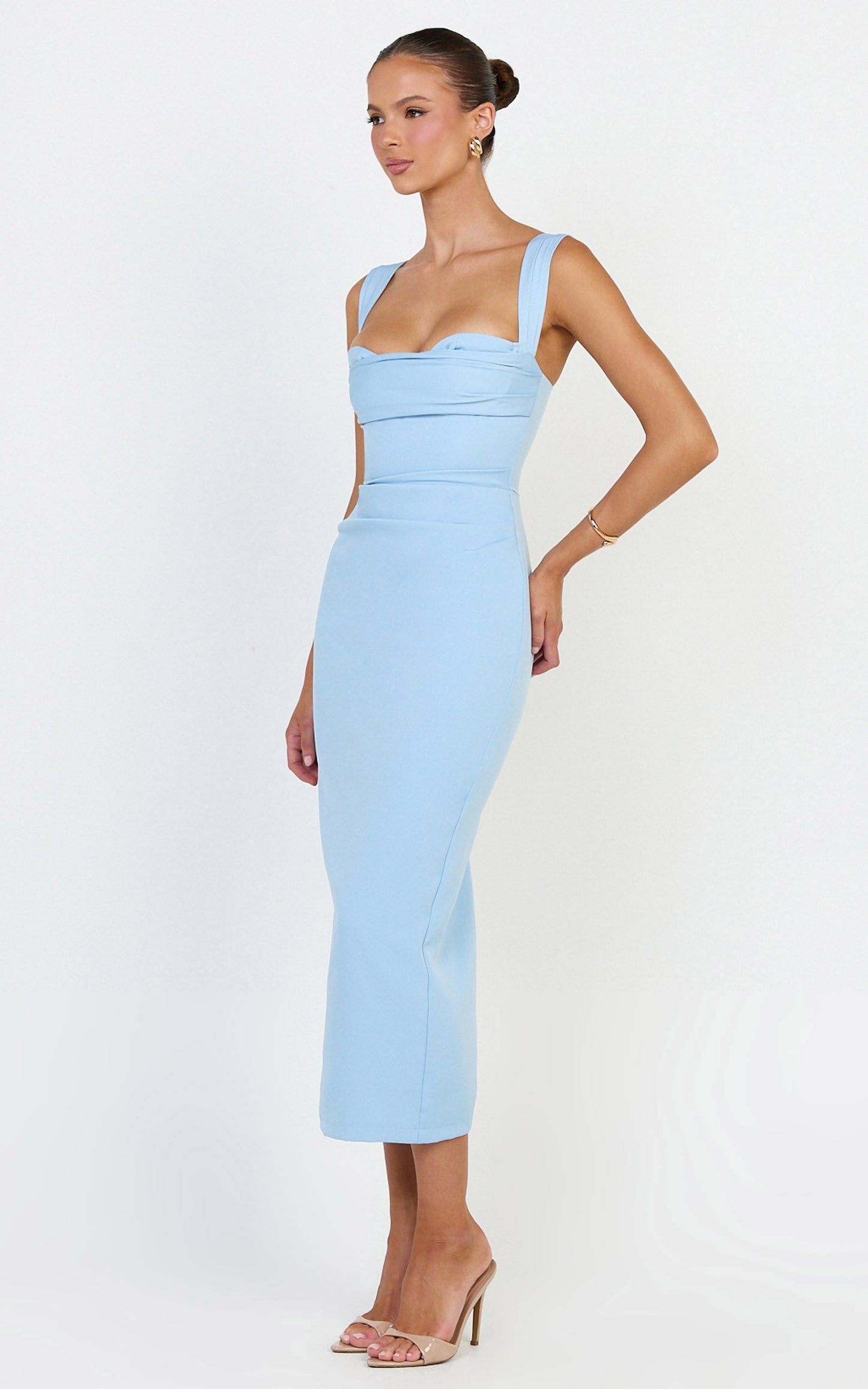 Kenna Midi Dress - Gathered Bust Tucked Waist Dress in Pale Blue