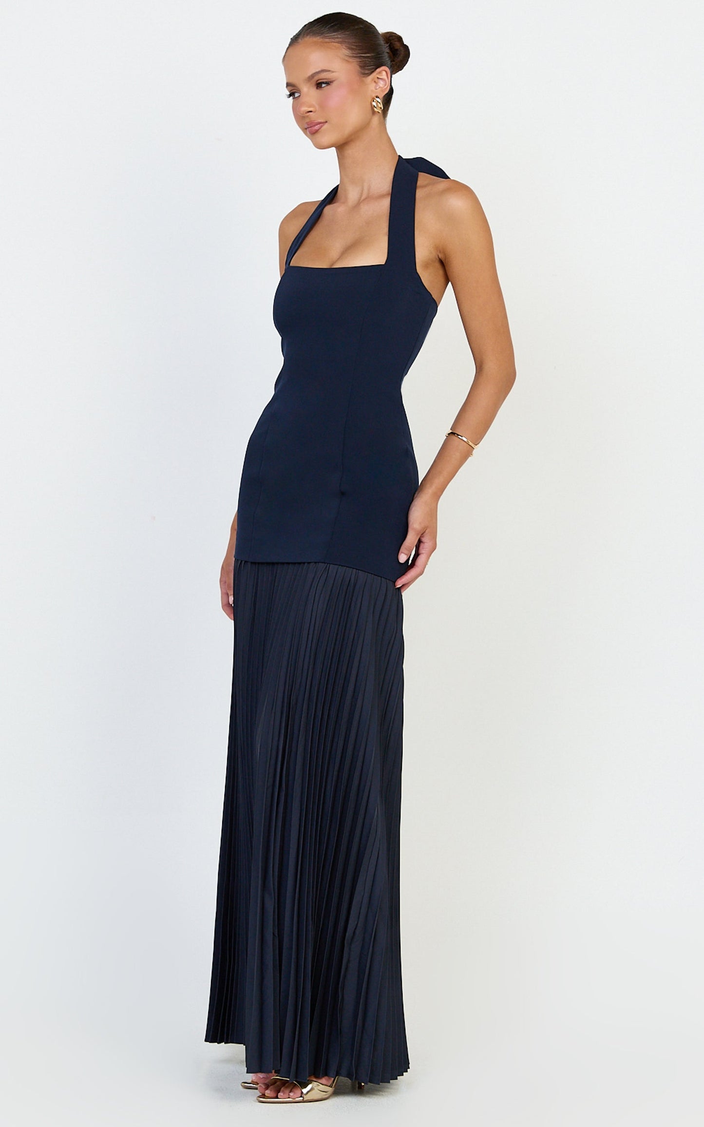 Loretta Maxi Dress - Contrast Halter Neck Pleated Dress in Navy