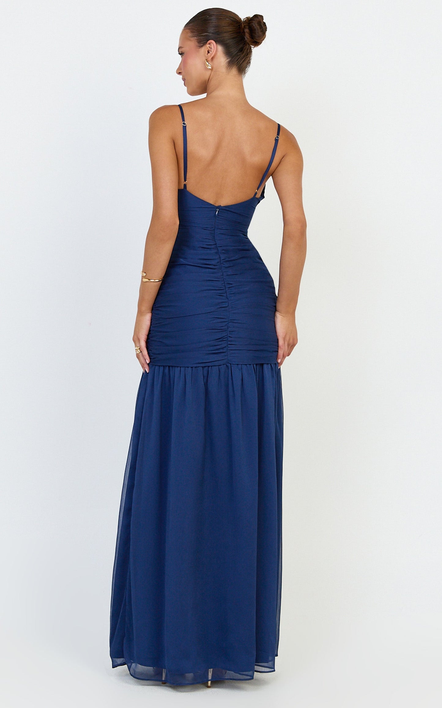 Oceane Maxi Dress - Plunge Neckline Gathered Chiffon Dress in Navy