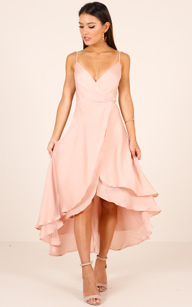 Between Fantasy Midi Dress in Blush Satin