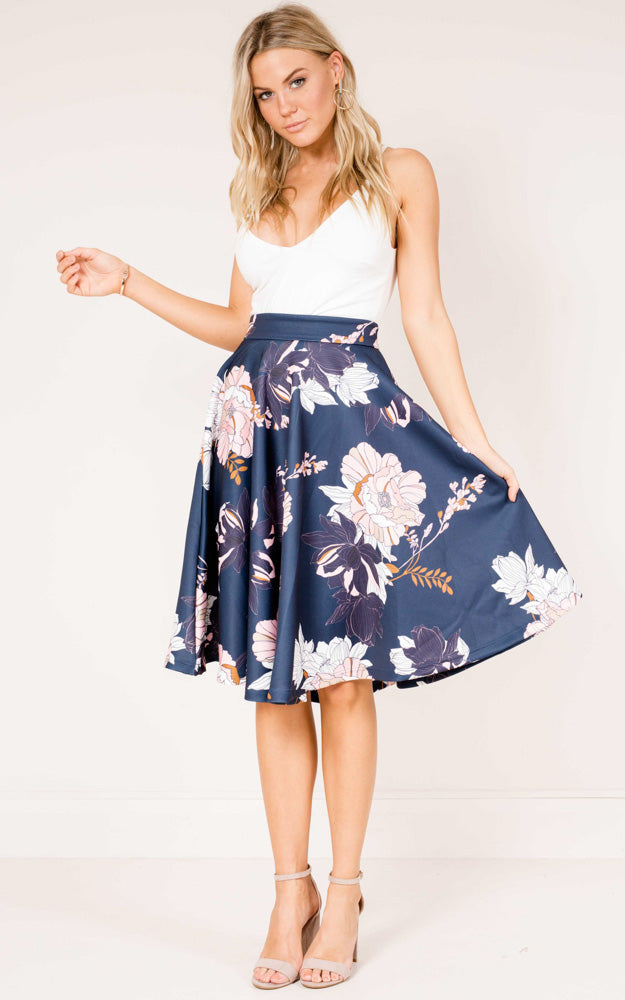 Whirlwind Midi Skirt In Navy Floral