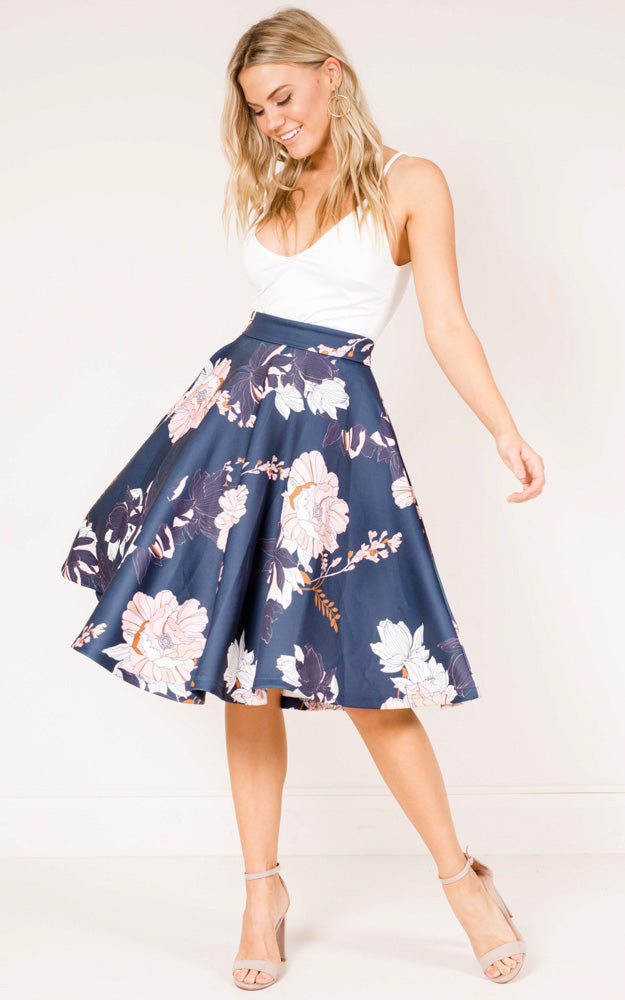 Whirlwind Midi Skirt In Navy Floral
