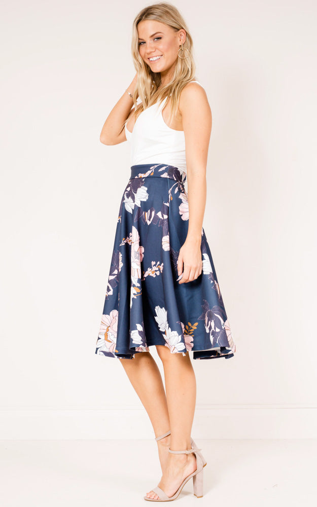 Whirlwind Midi Skirt In Navy Floral