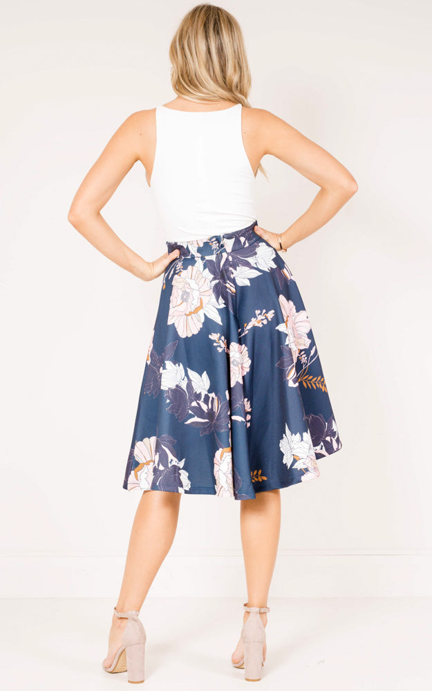 Whirlwind Midi Skirt In Navy Floral