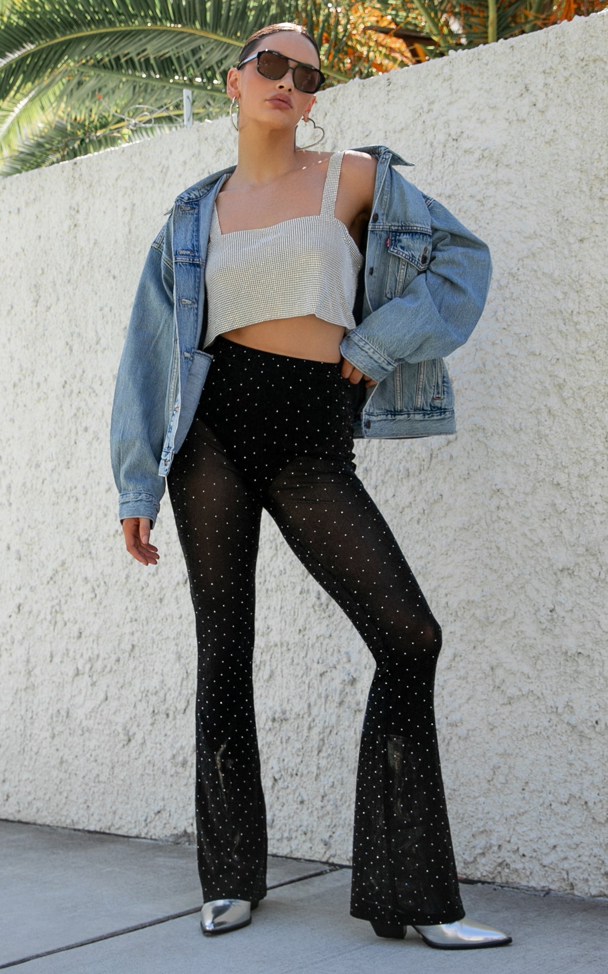 Khaimy Pants - High Waisted Glitter Mesh Flare Pants in Black and Silver