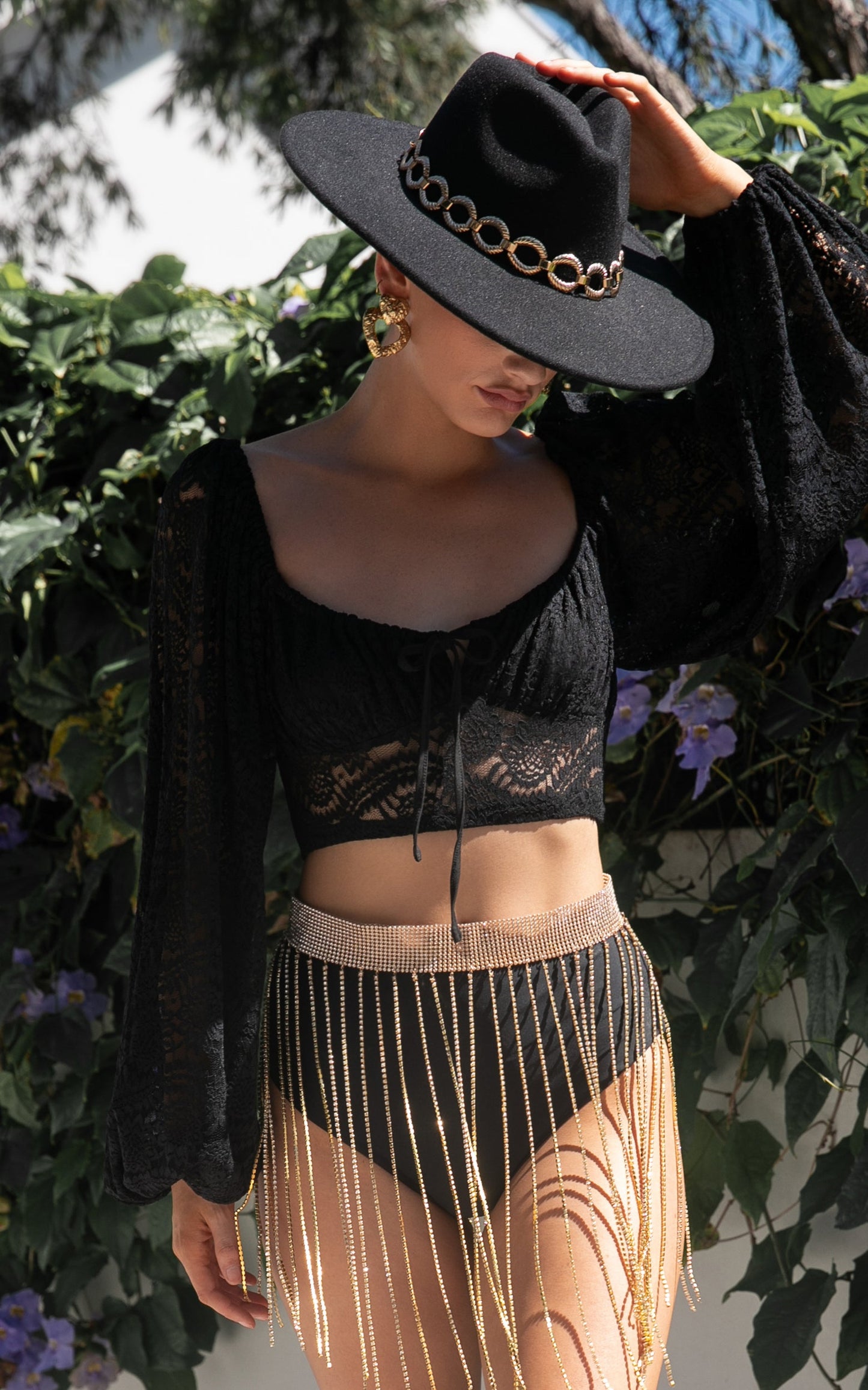Mehca Top - Lace Blouson Sleeve Crop Top in Black