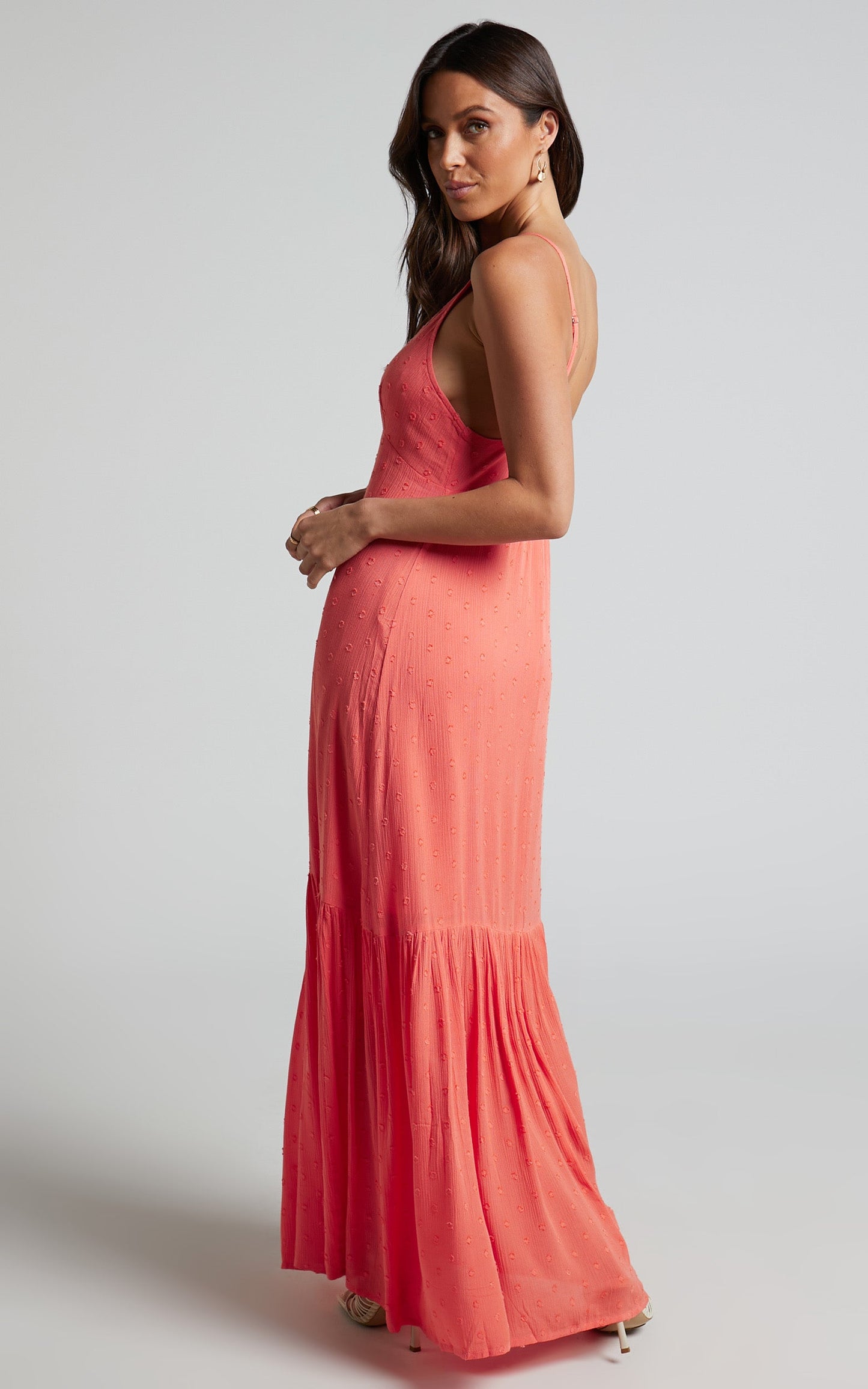 Cariele Midi Linen Blend Dress - Strappy Tiered Dotted Dress in Coral