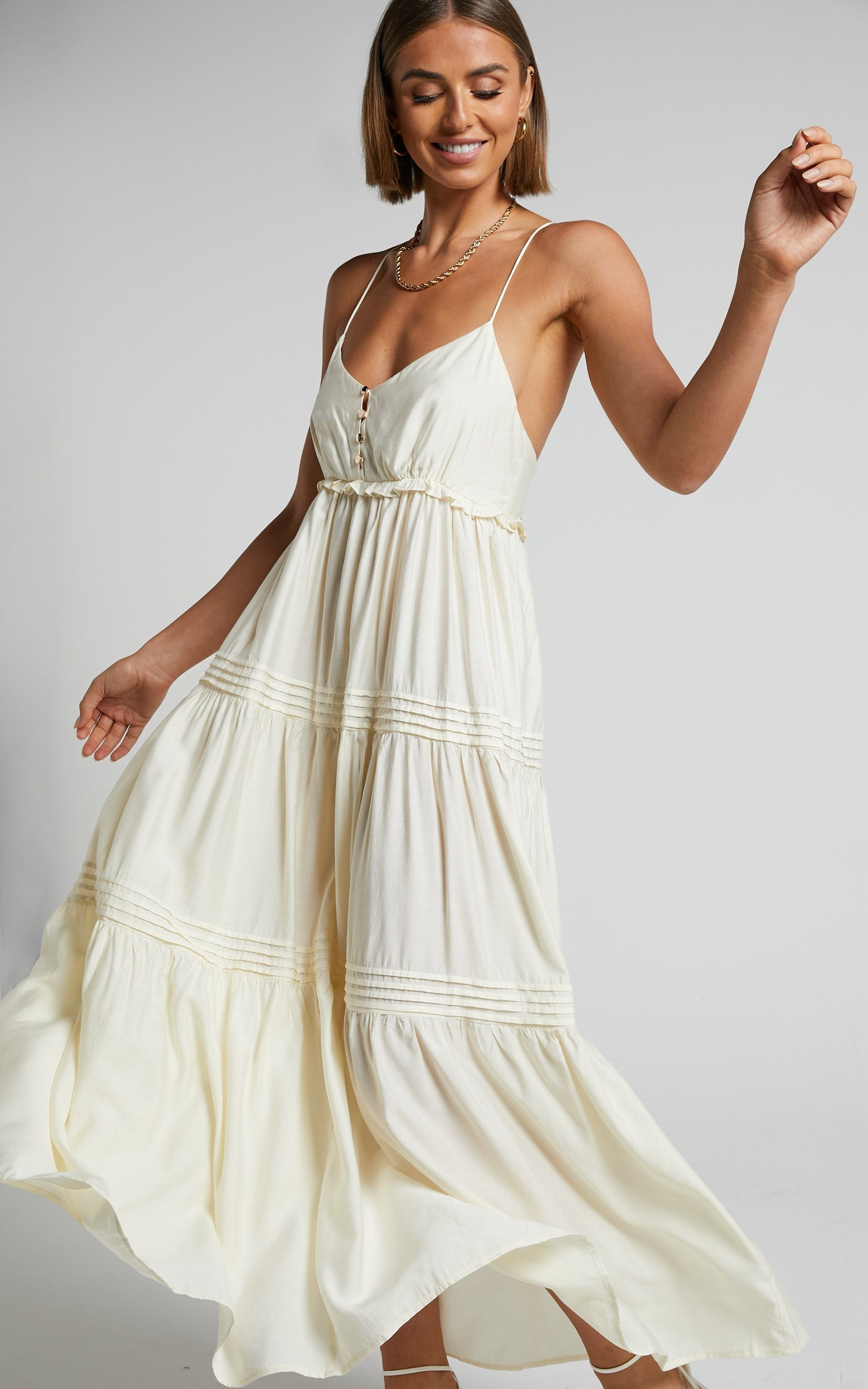 Ermengard Midi Dress - Tiered Pin Tuck Cross Back Dress in Off White