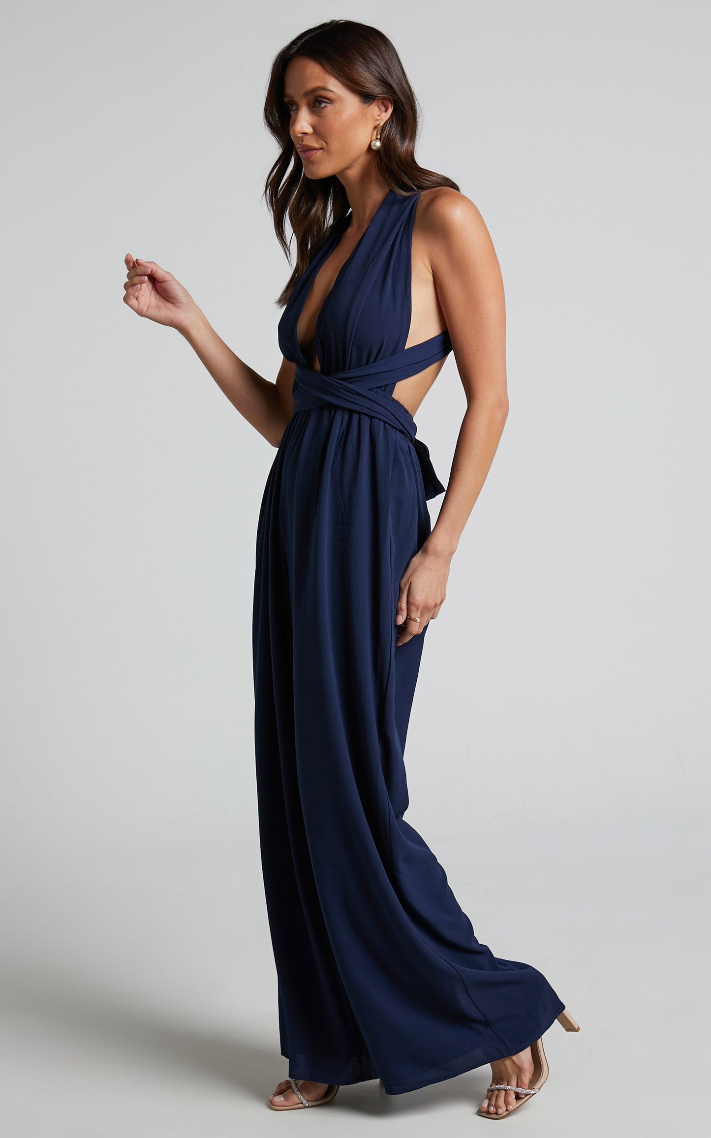 Girls Life Jumpsuit - Plunge Cross Back Tie Jumpsuit in Navy