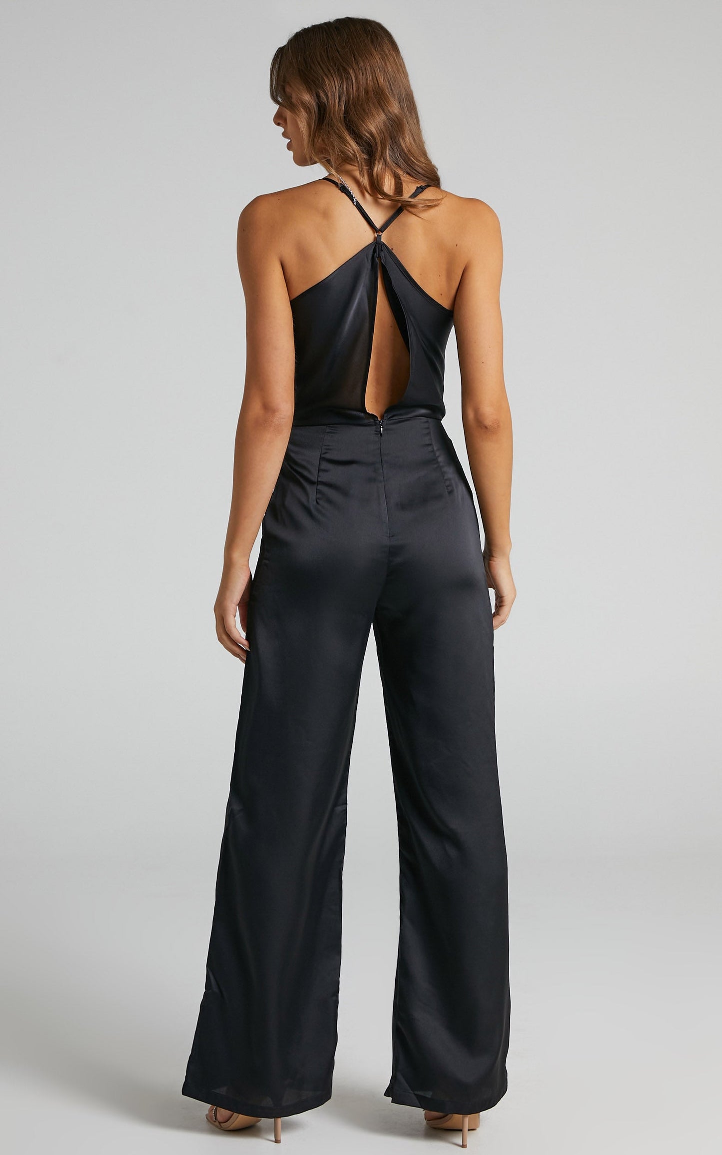 Kylene Jumpsuit - Cowl Neck Palazzo Satin Jumpsuit in Black