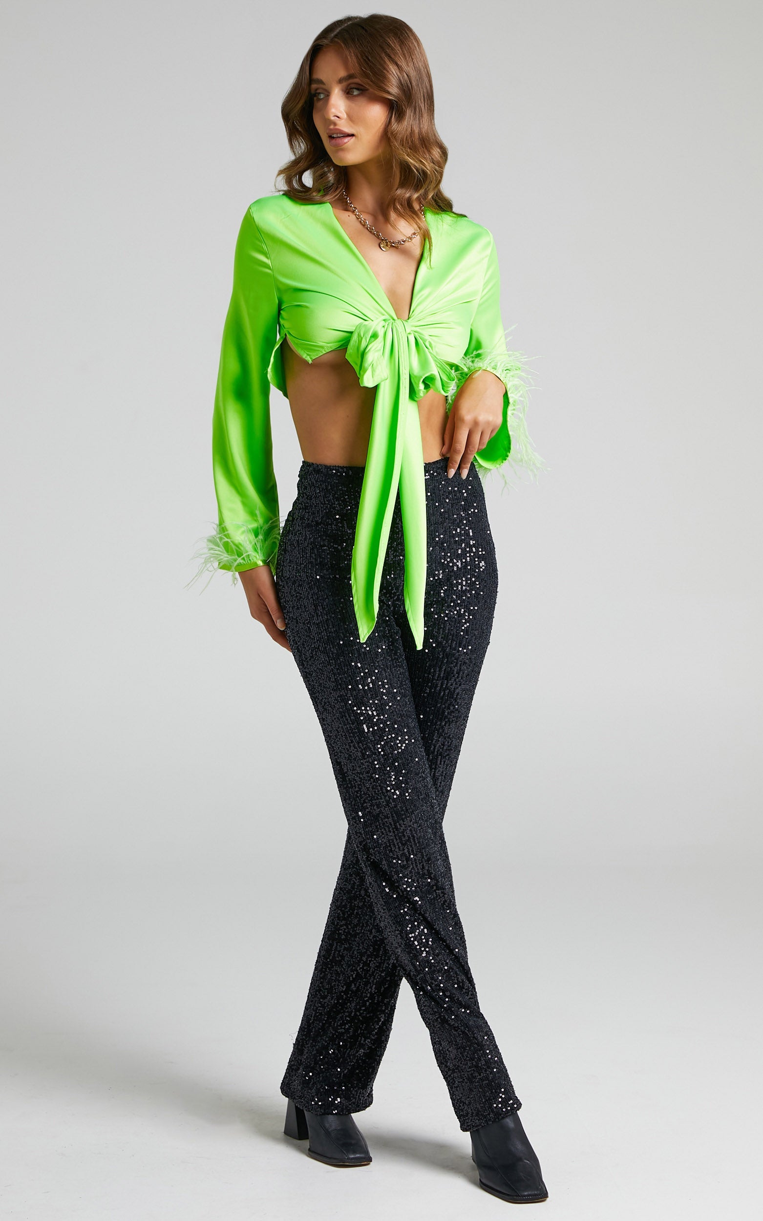 Melodie Feather Trim Long Sleeve Tie Front Crop Top in Green