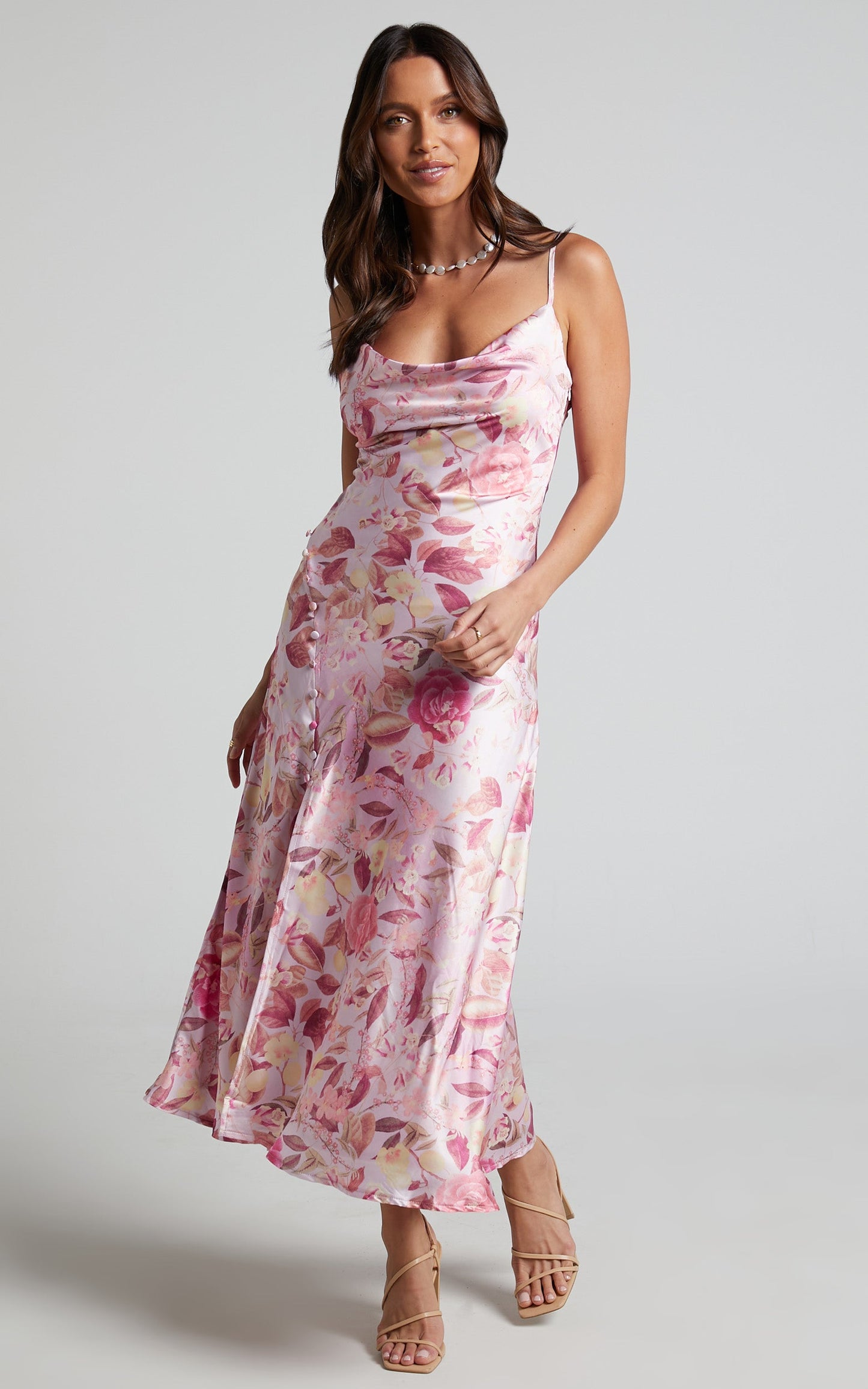 Ojai Midi Dress - Cowl Neck Split Dress in Soft Floral
