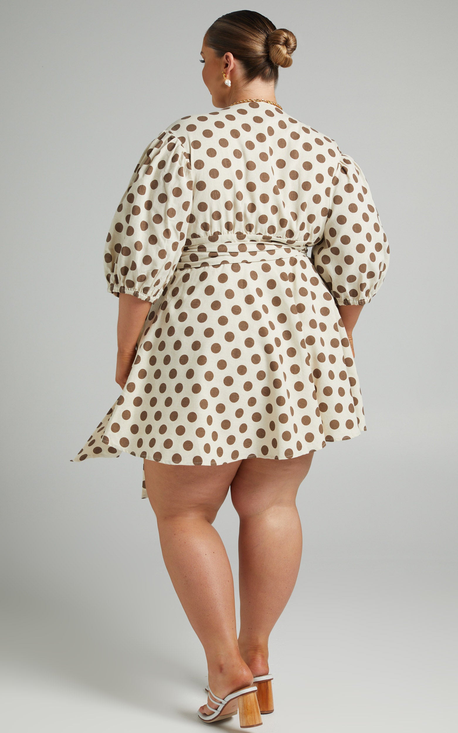 Zyann Mini Dress - Linen Puff Sleeve Wrap Dress in Mocha Spot