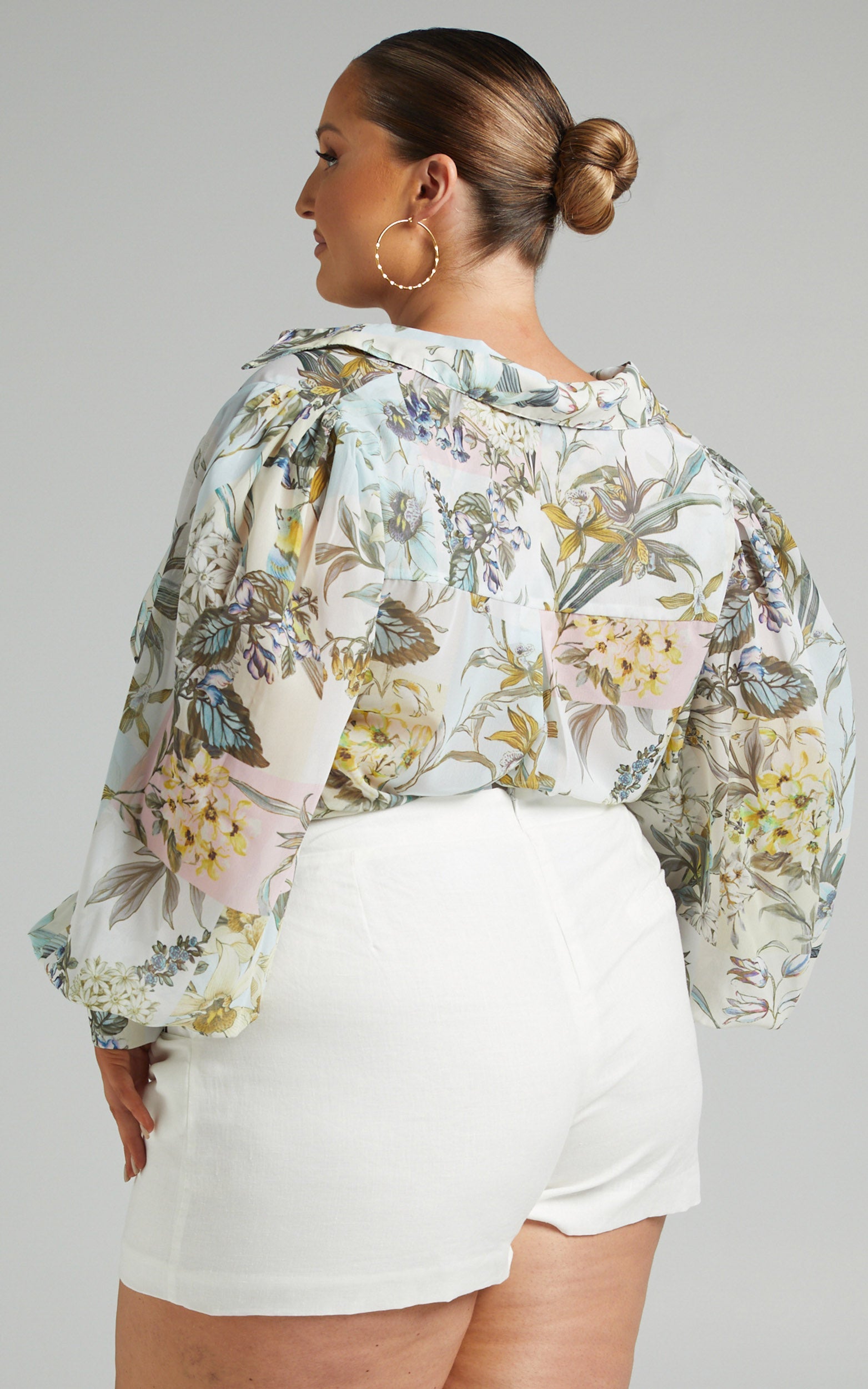 Virgette Printed Collared Balloon Sleeve Blouse in Boho Patchwork