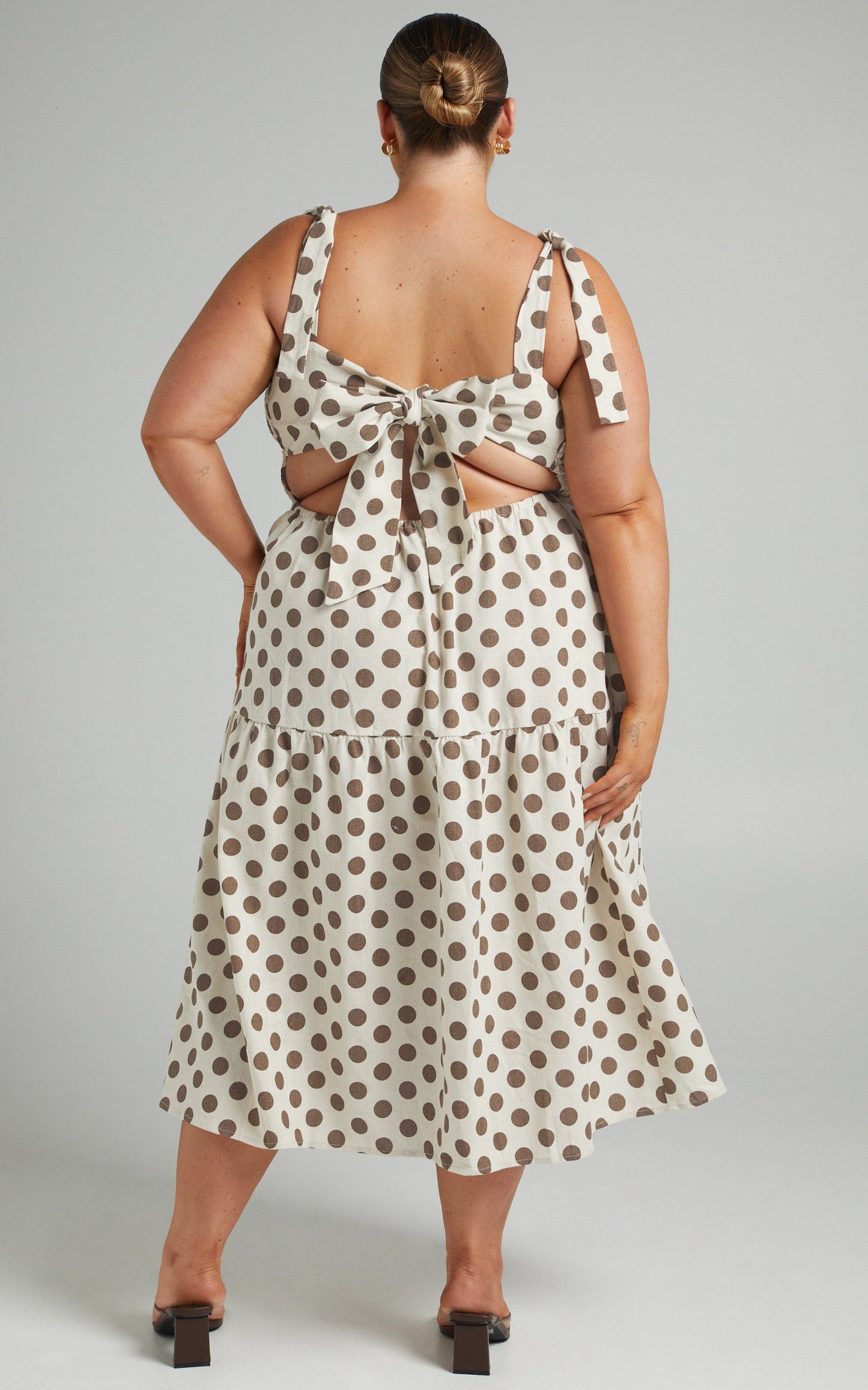 Charine Midi Dress - Linen Shirred Bodice Tiered Dress in Mocha Spot