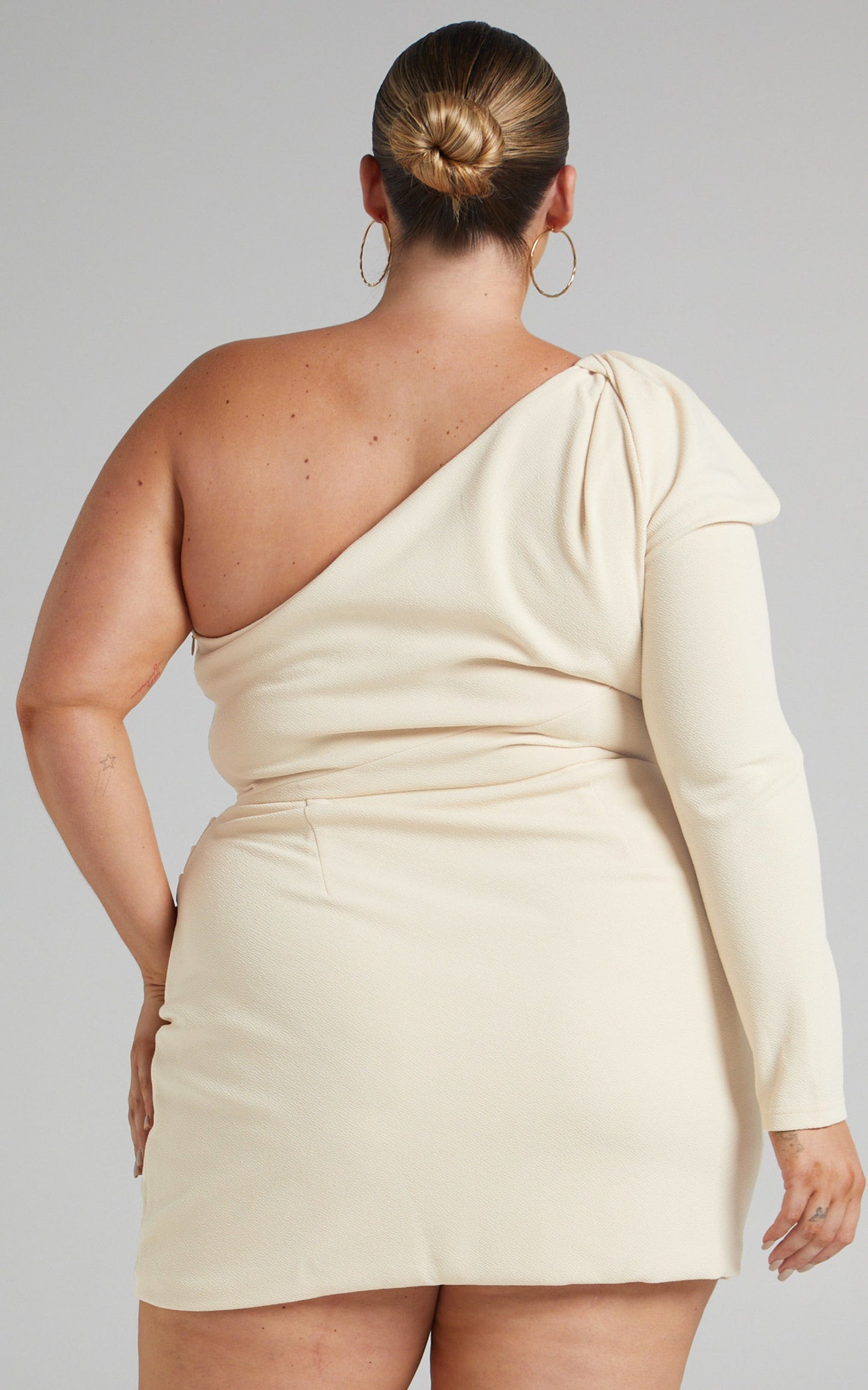 Loveen Mini Dress - One Shoulder Long Sleeve Dress in Beige