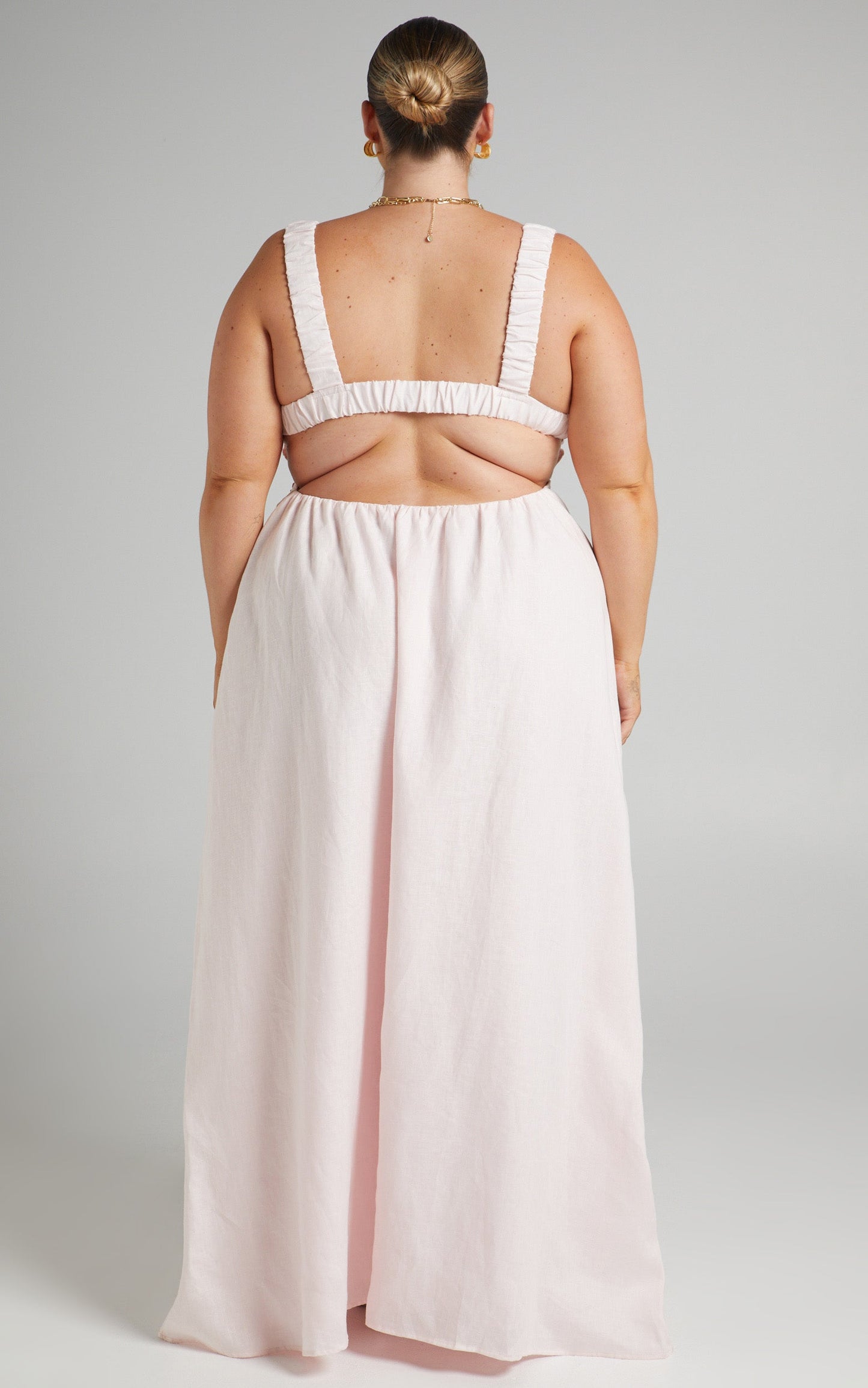 Amalie The Label - Lucia Linen Elasticated Strap Backless Maxi Linen Dress in Off White
