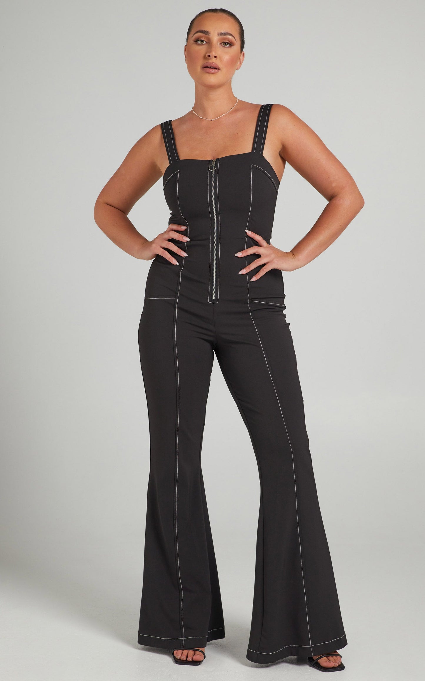 Georgianna Flare Contrast Stitch Detail Jumpsuit in Black