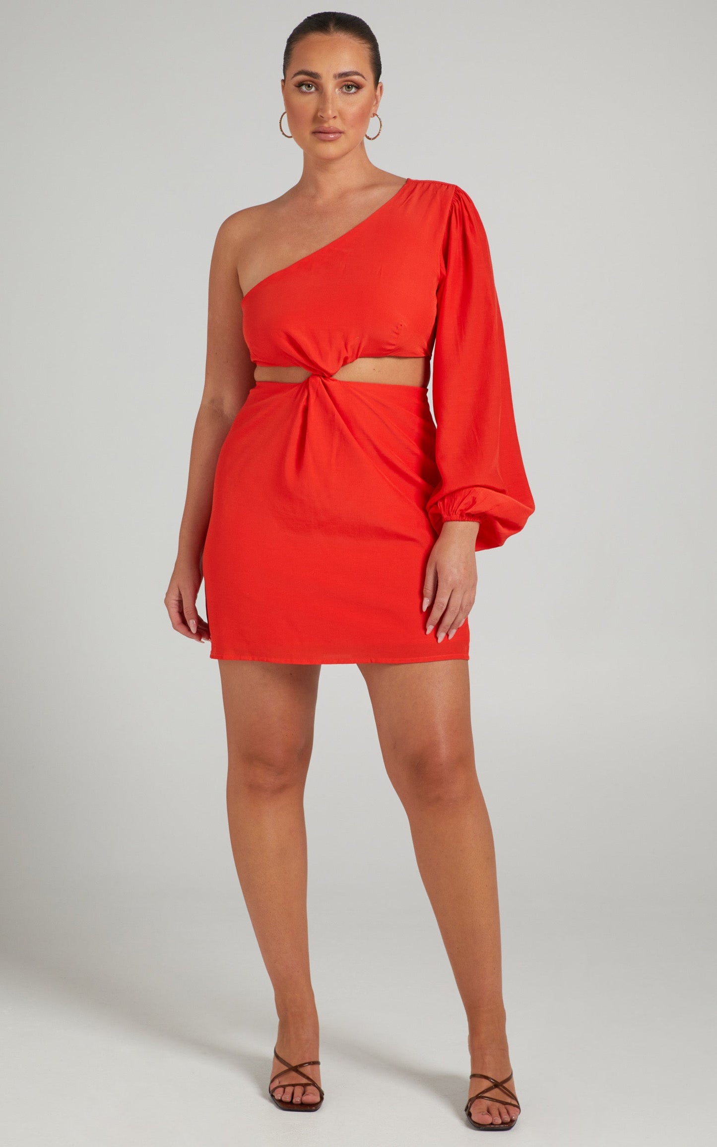 Glannica One Shoulder Mini Dress with Twist Front in Red