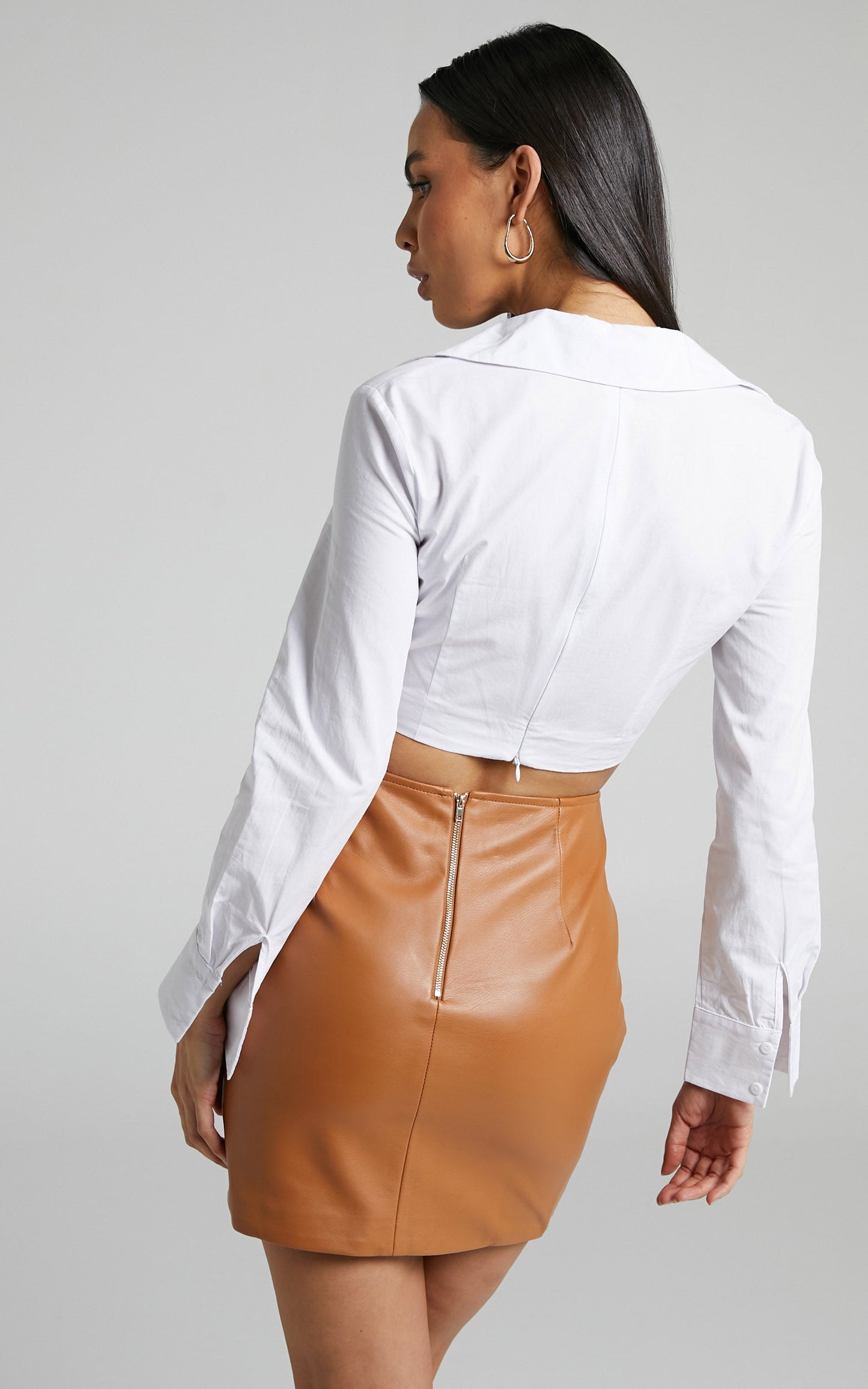 Ariella Faux Leather Ruched Side Mini Skirt in Tan