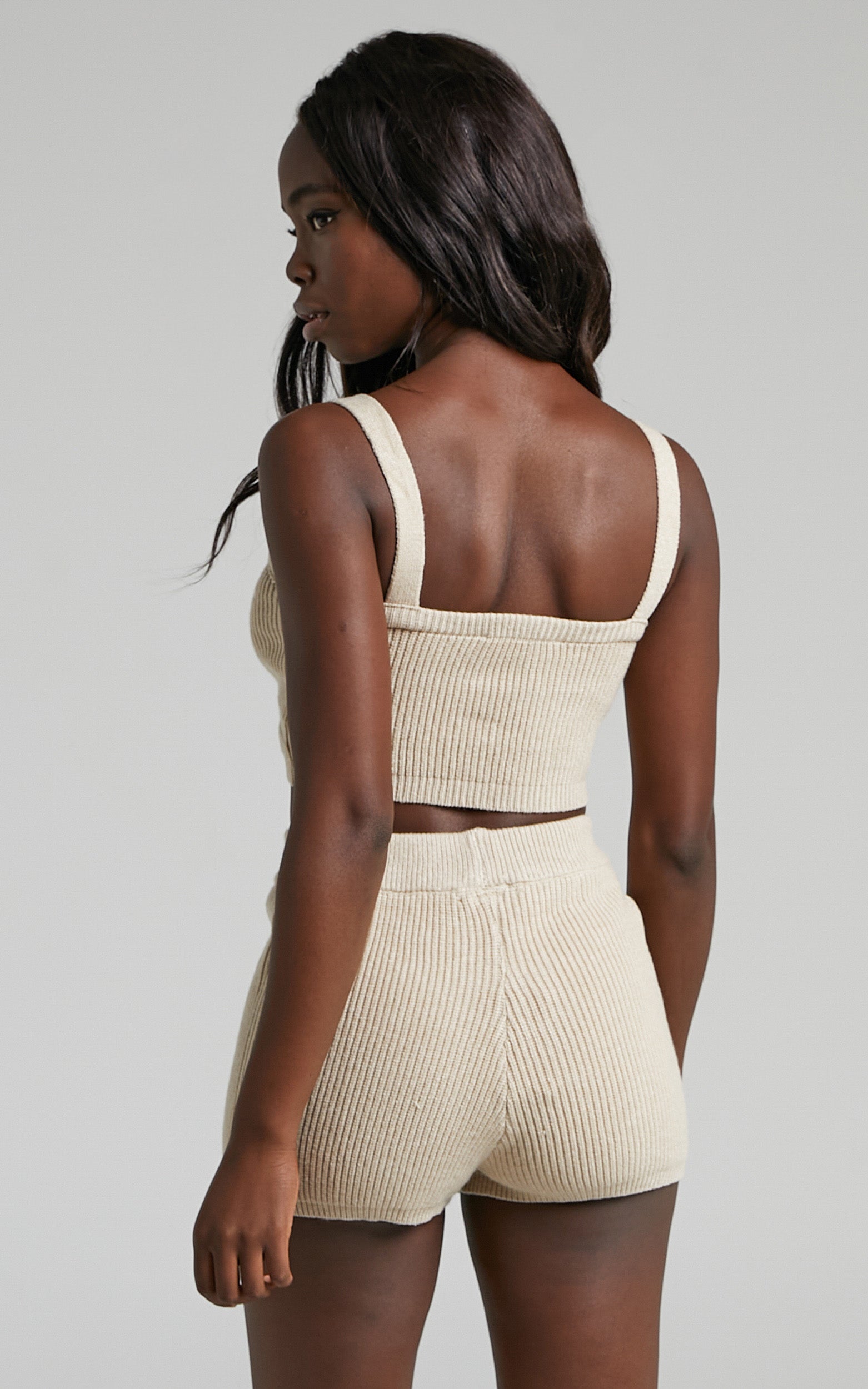 Assunda Ribbed Knit Crop Top and Short Two Piece Set in Sand