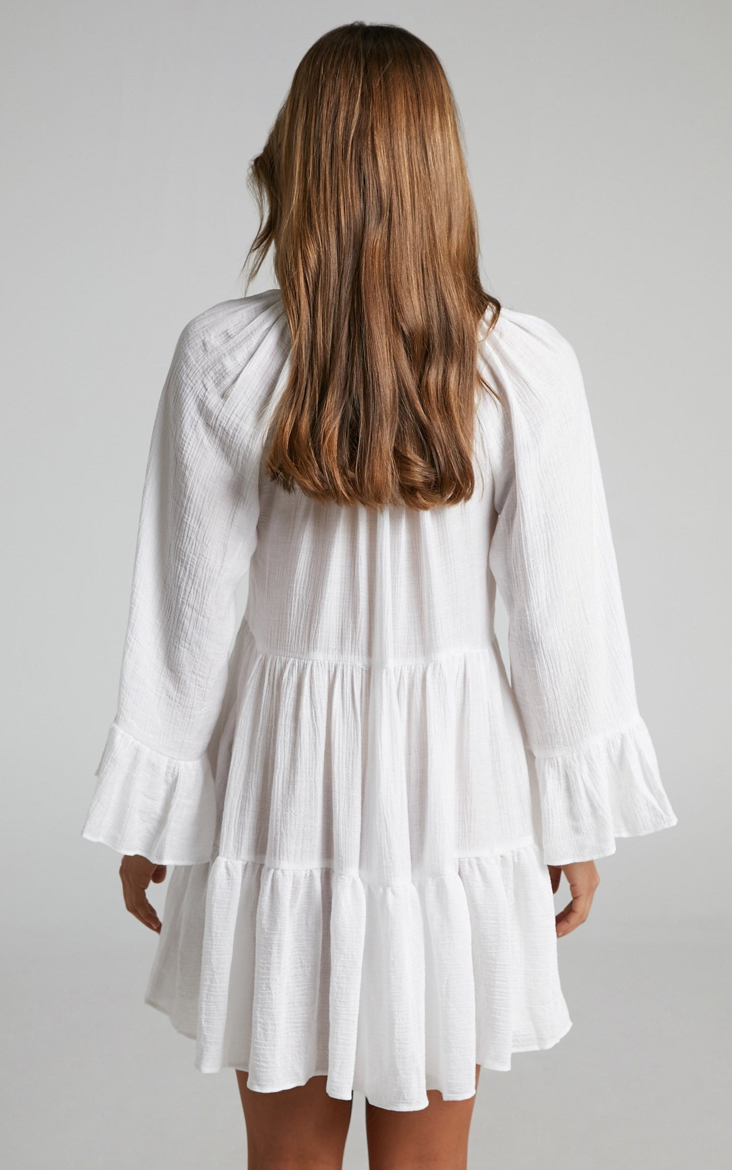 Abrera Mini Linen Blend Dress - V Neck Long Sleeve Tiered Dress in White