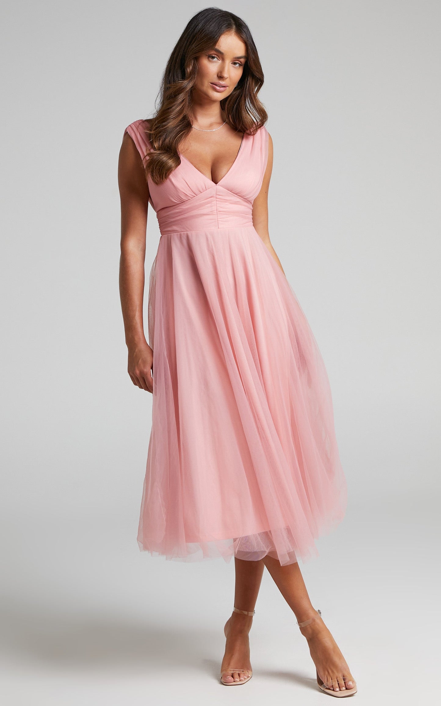 Agatha Midi Dress - Sleeveless V-Neck Organza Dress in Dusty Pink