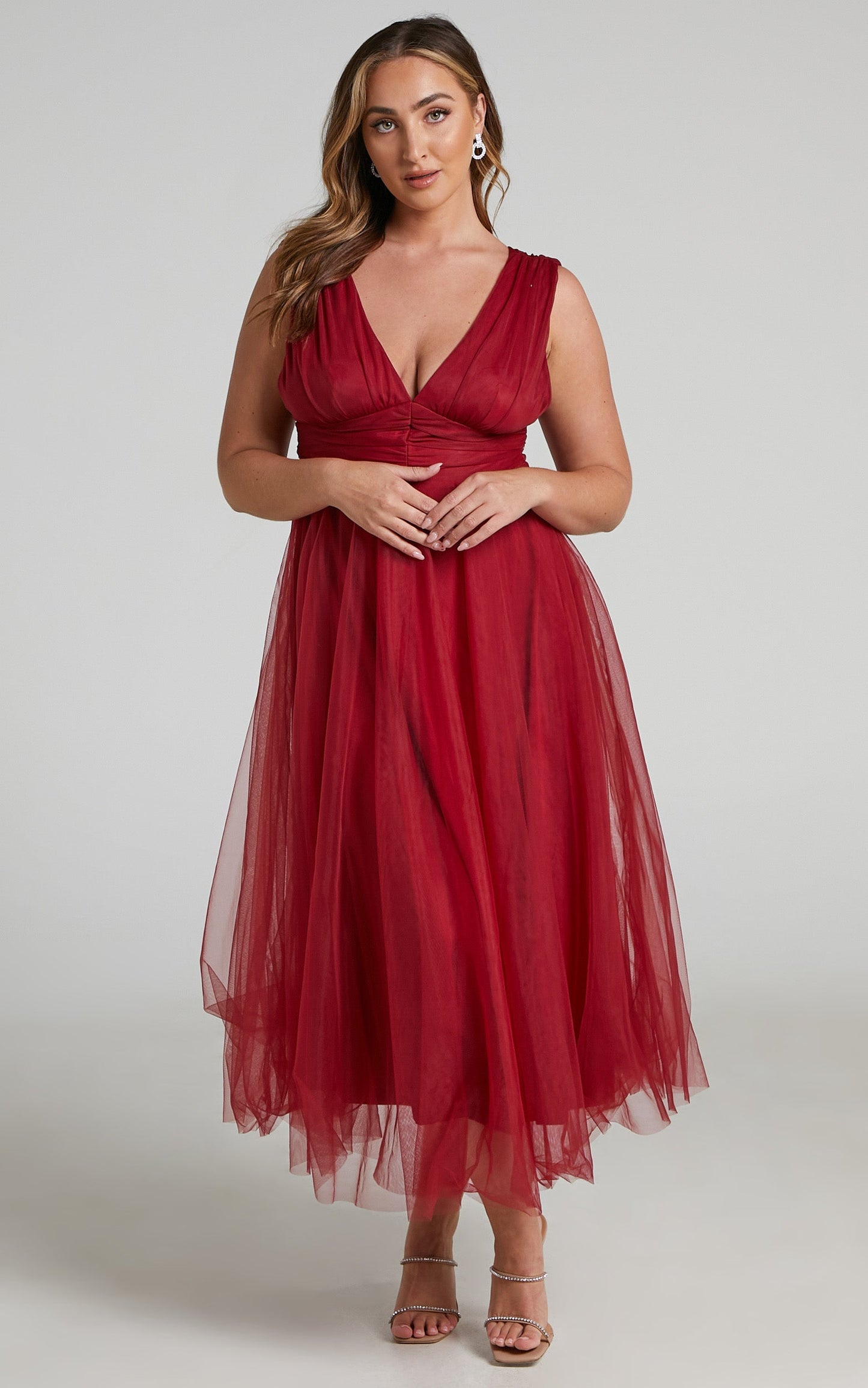 Agatha Midi Dress - Sleeveless V-Neck Organza Dress in Red