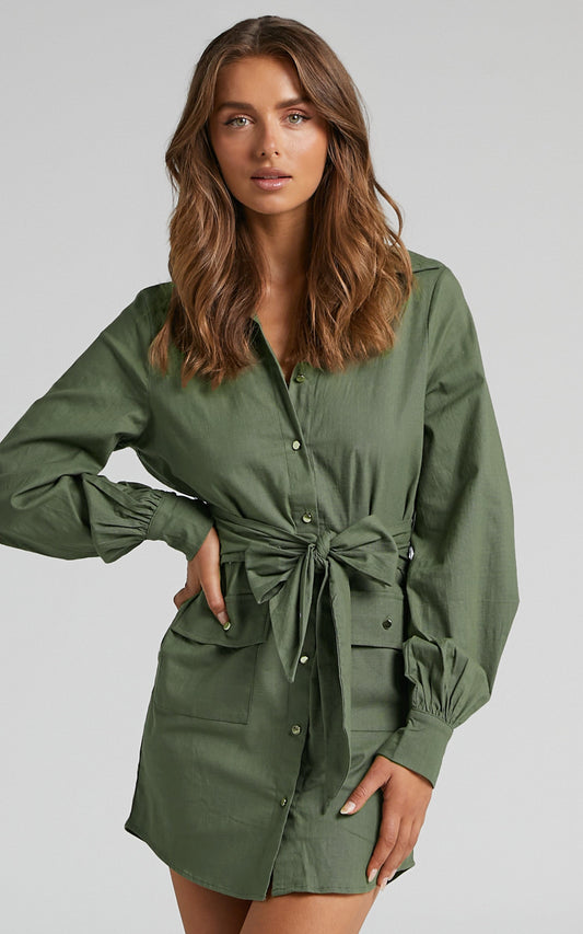 Aigneis Mini Dress - Linen Look Long Sleeve Shirt Dress in Khaki