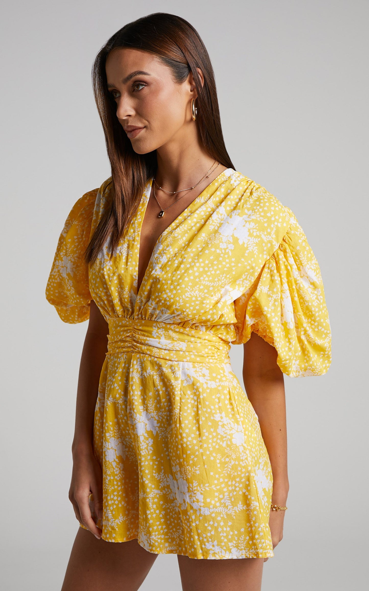 Ailiza Playsuit - V Neck Puff Sleeve Playsuit in Yellow Floral