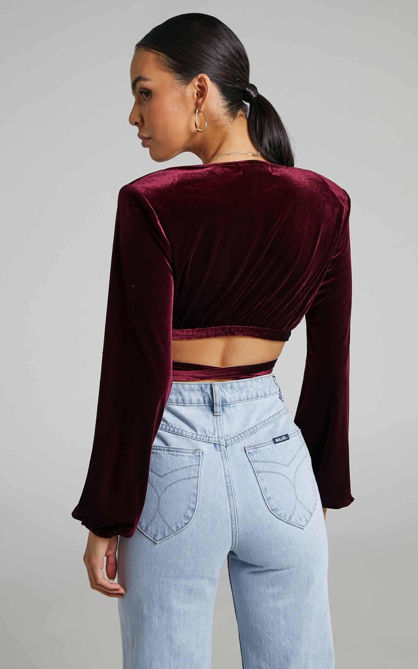 Maybelyn Top - Velvet Plunge Wrap Crop Top in Burgundy