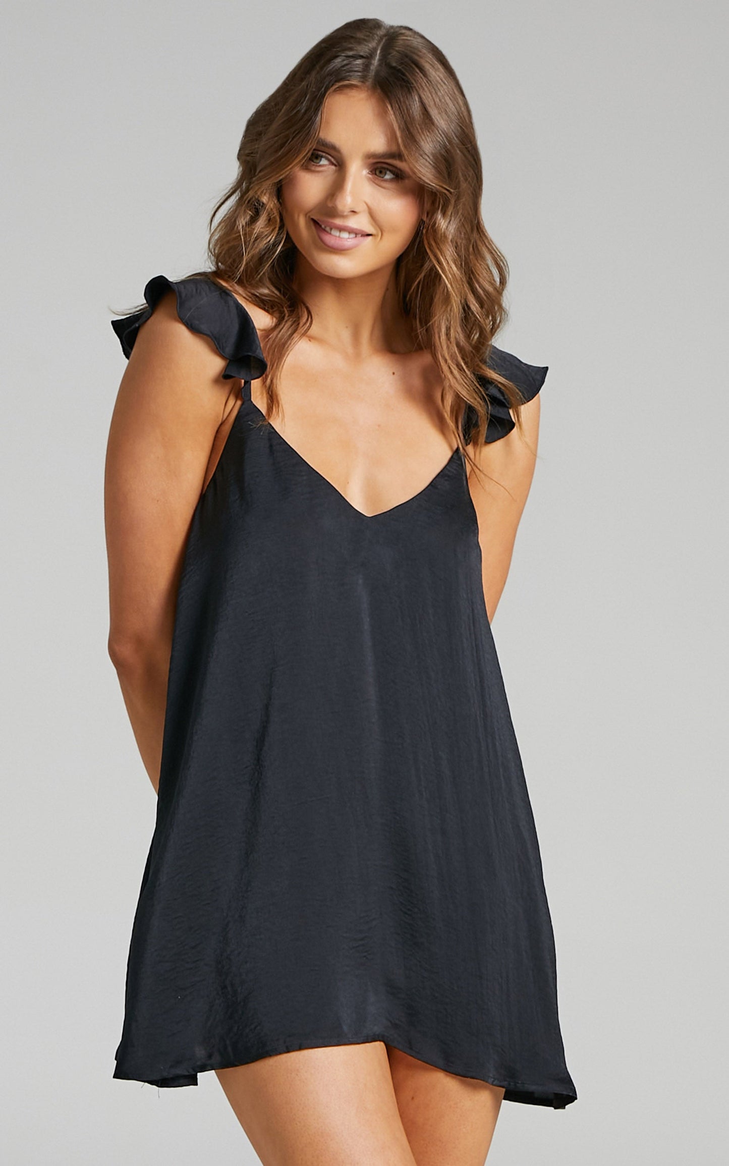 Alohra Sleep Slip Mini Satin Dress in Black