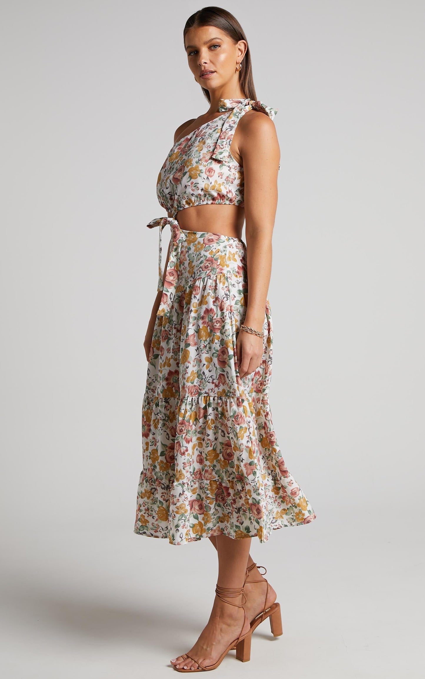Amabella Midi Linen Blend Dress - Tie One Shoulder Cut Out Dress in Caro Multi Floral
