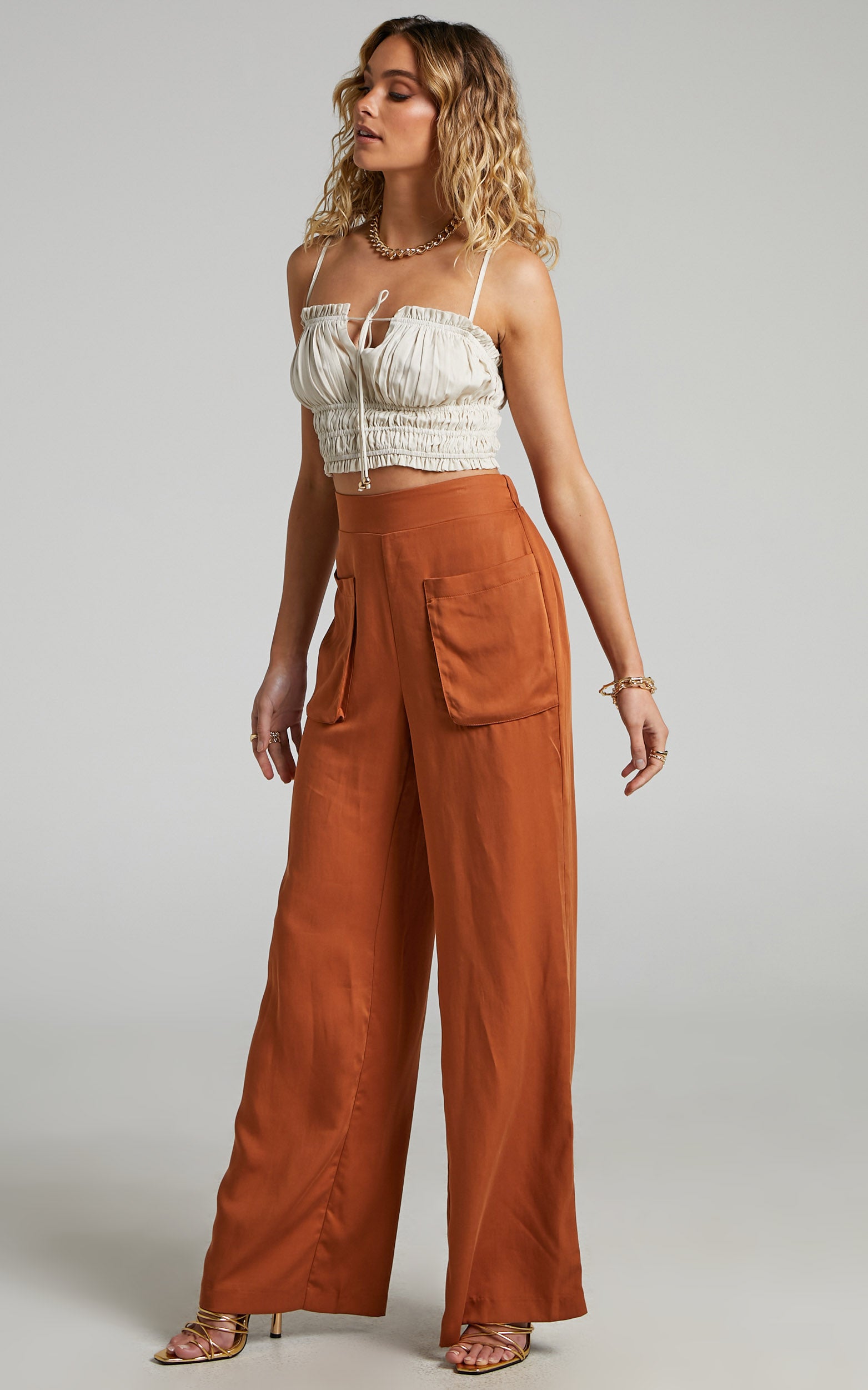 Amalie The Label - Ambroise Linen Blend High Waisted Wide Leg Pants in Earth