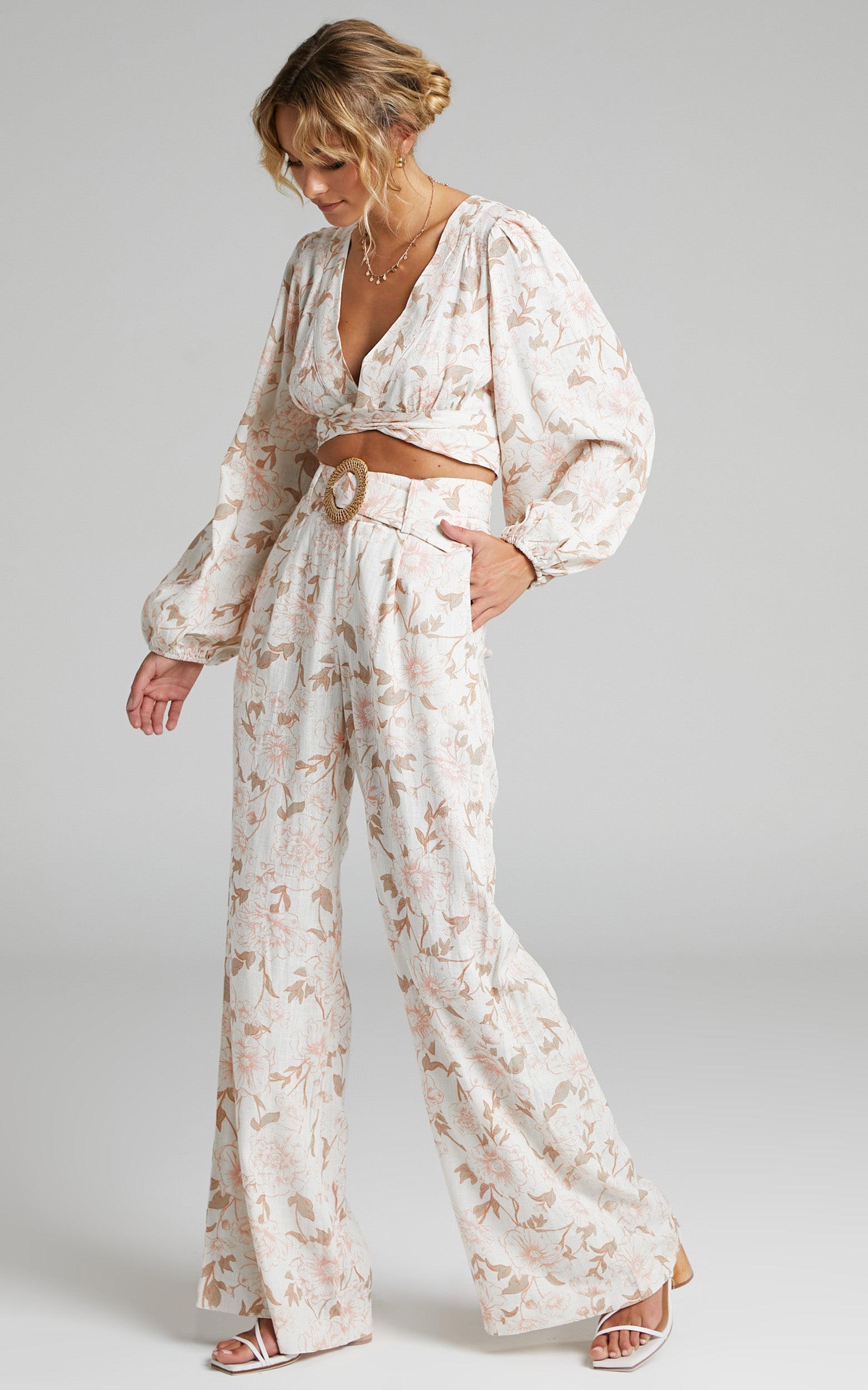 Amalie The Label - Clarette Linen Cotton Belted High Rise Wide Leg Pant in Pink Linear Floral