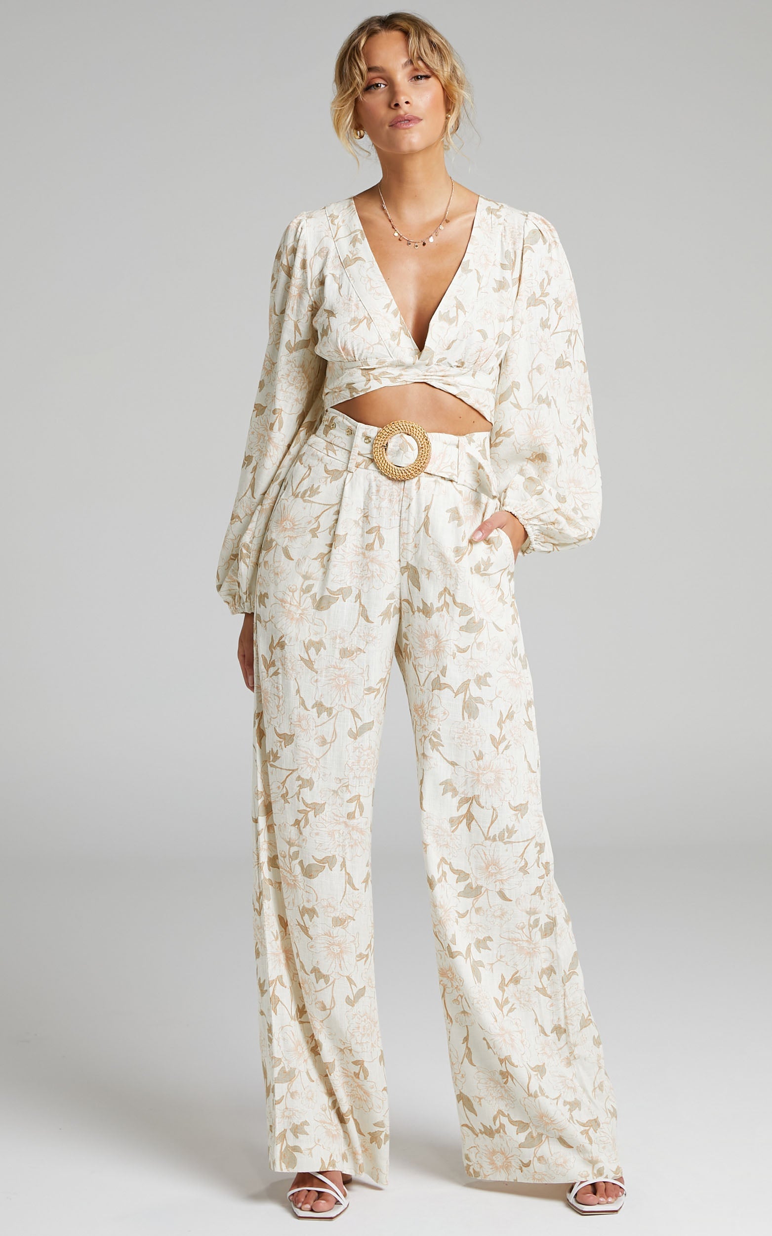 Amalie The Label - Claudette Linen Blend Balloon Sleeve Plunge Neck Tie Wrap Crop Top in Pink Linear Floral