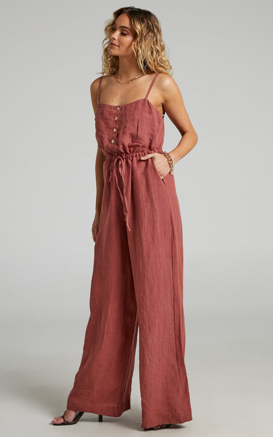 Amalie The Label - Frances Linen Button Up Linen Jumpsuit in Burnt Rose