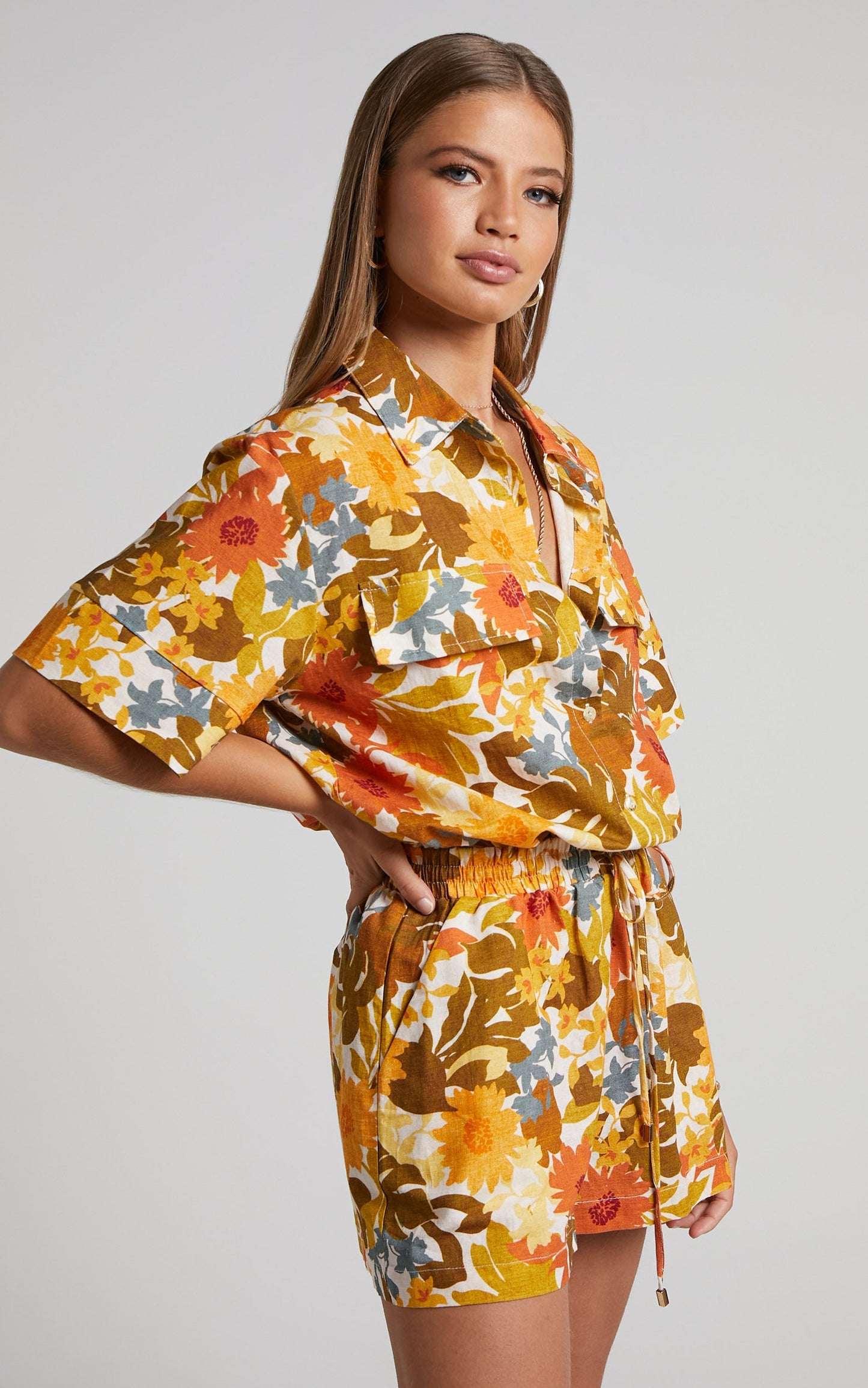 Amalie The Label - Koami Linen Blend Button Front Collar Playsuit in Emerson Floral