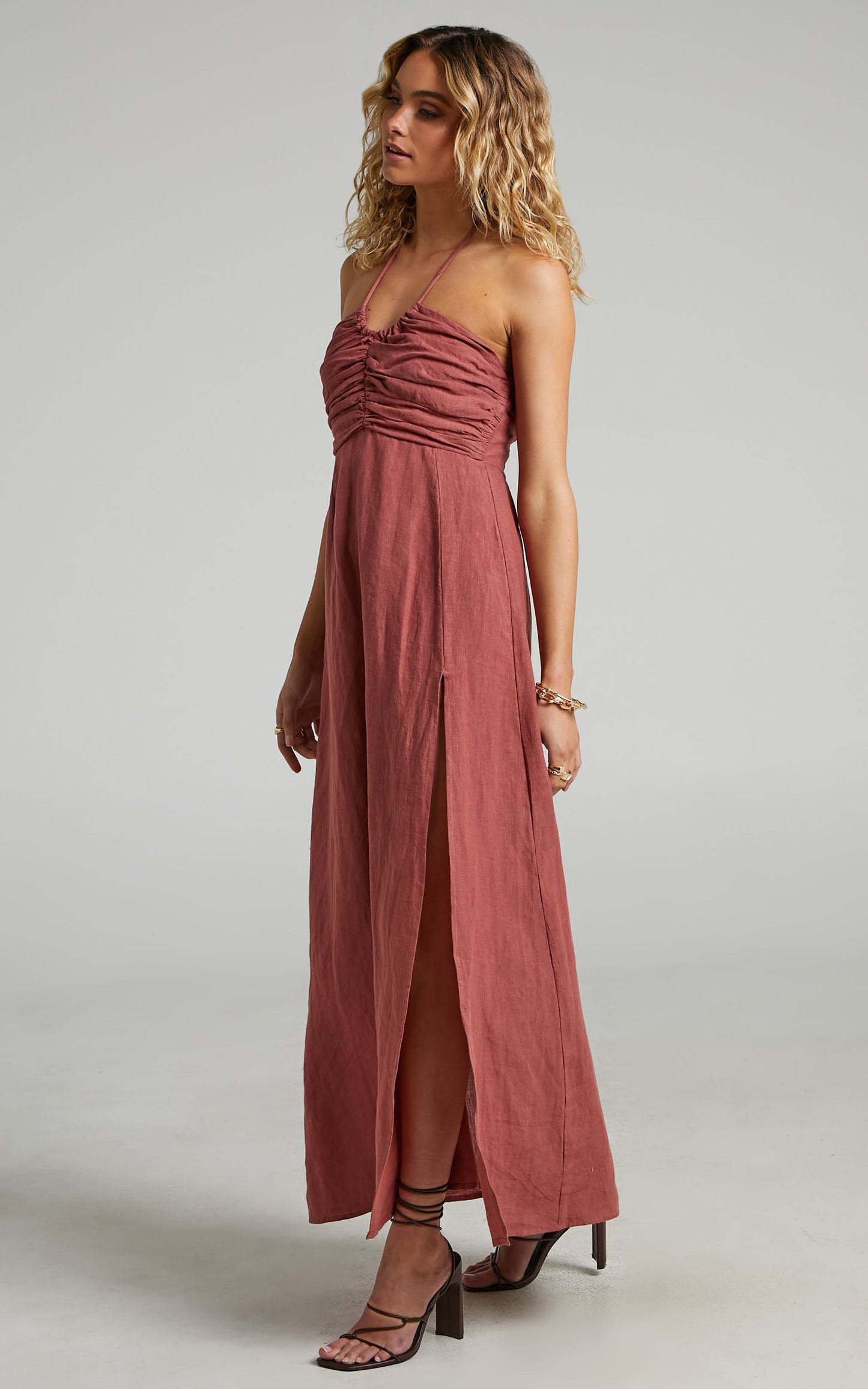 Amalie The Label - Zuri Linen Gathered Bodice Halter Maxi Linen Dress in Burnt Rose