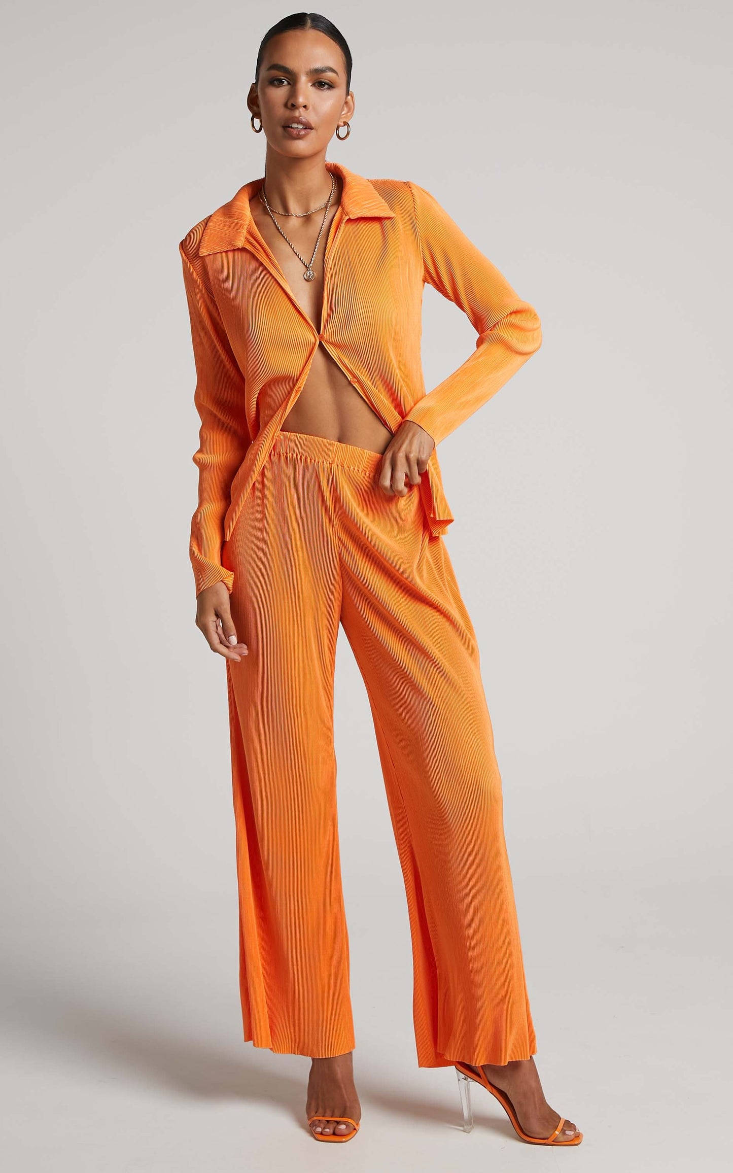 Amarante Pants - High Waisted Plisse Wide Leg Pants in Orange